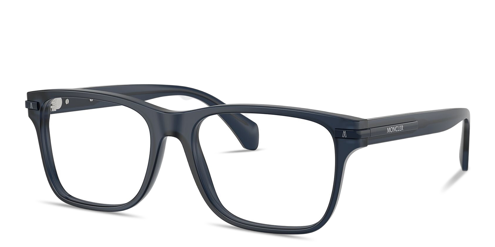 Shop Moncler Logo Signature Unisex Pillow Eyeglasses in Matte Transparent Blue online.