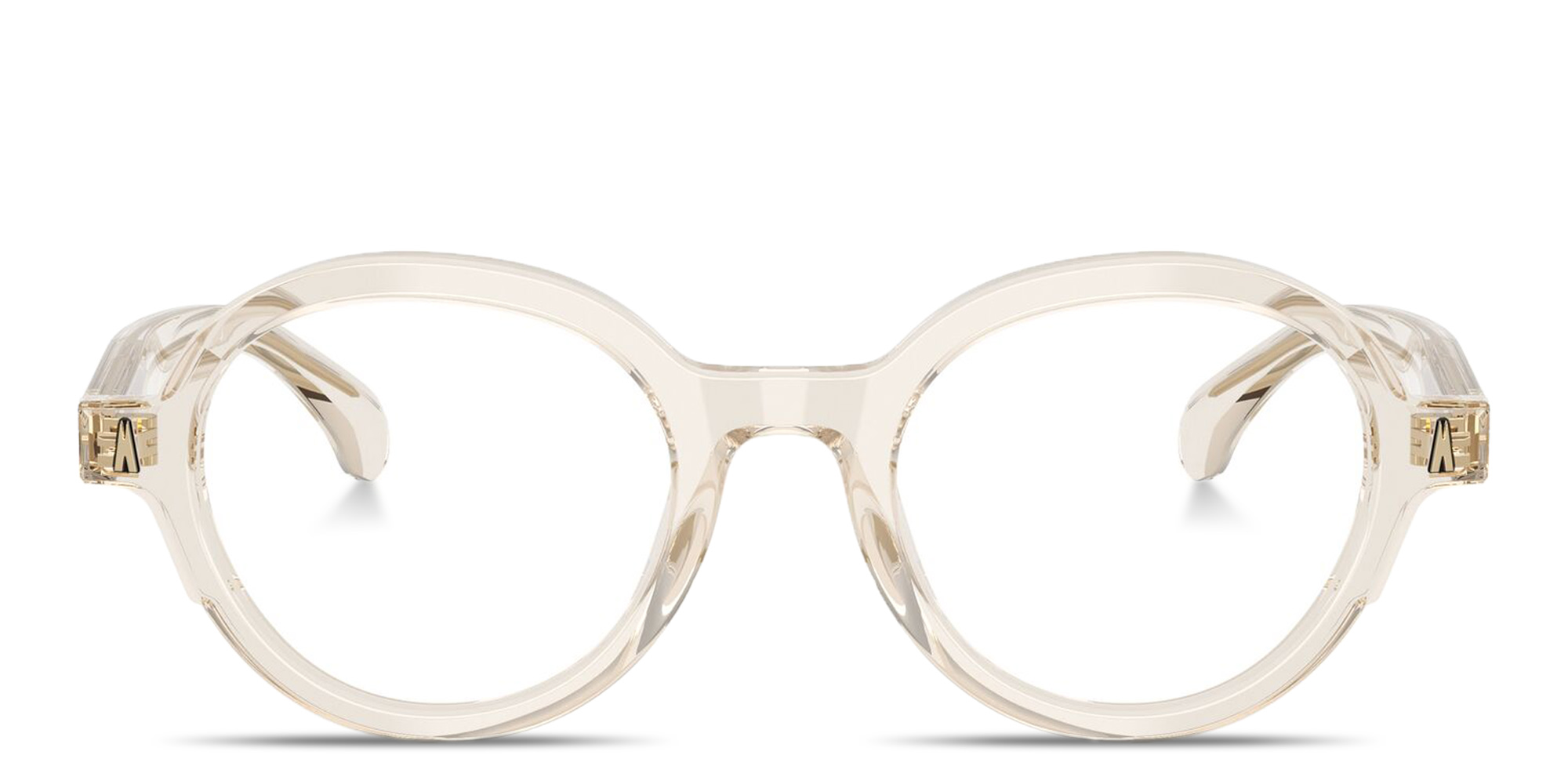 Shop Moncler Logo Signature Unisex Round Eyeglasses in Transparent Butter online.