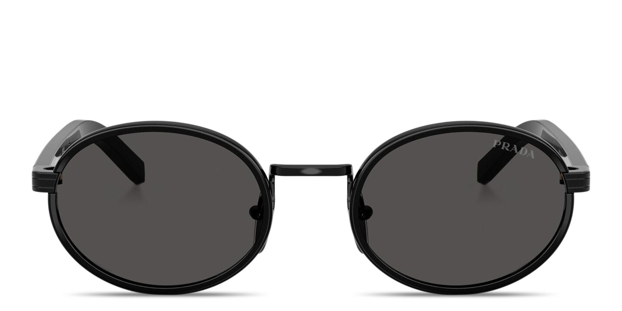 Shop PRADA Logo Lettering Oval Sunglasses in Black online.