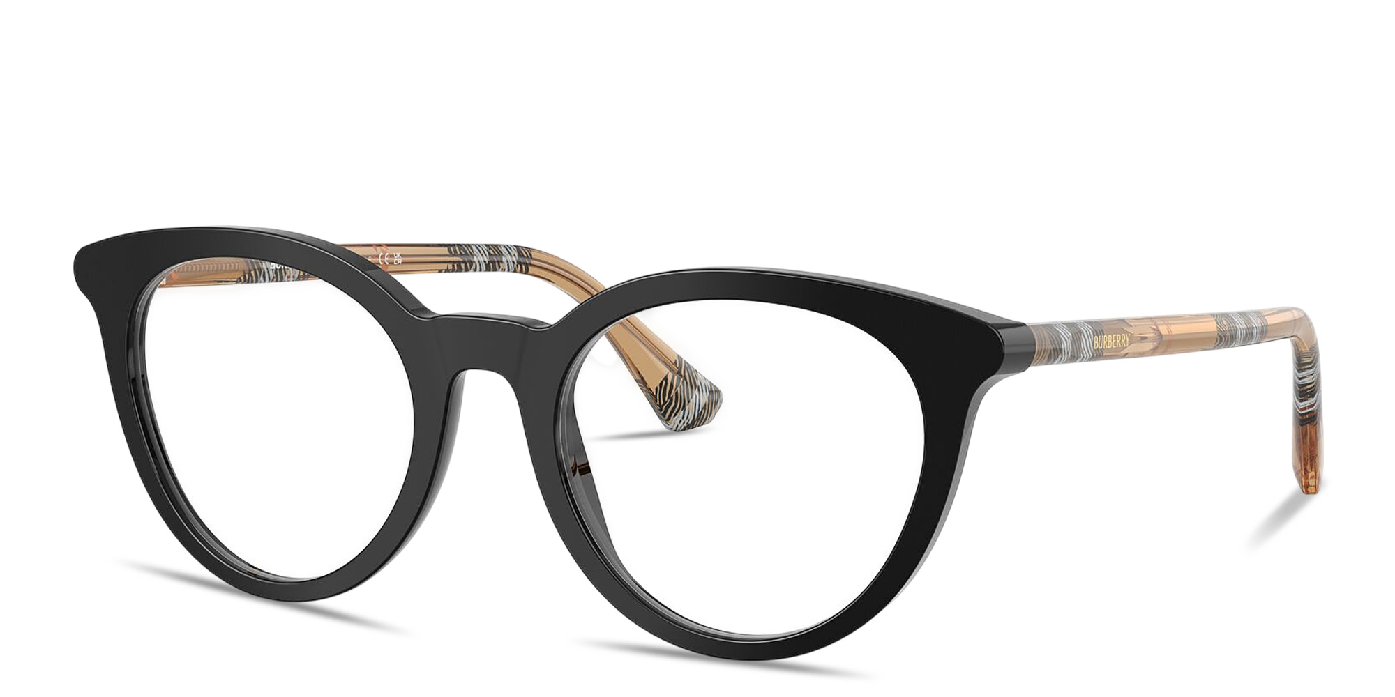 Shop BURBERRY Check Round Eyeglasses in Shiny Black online.