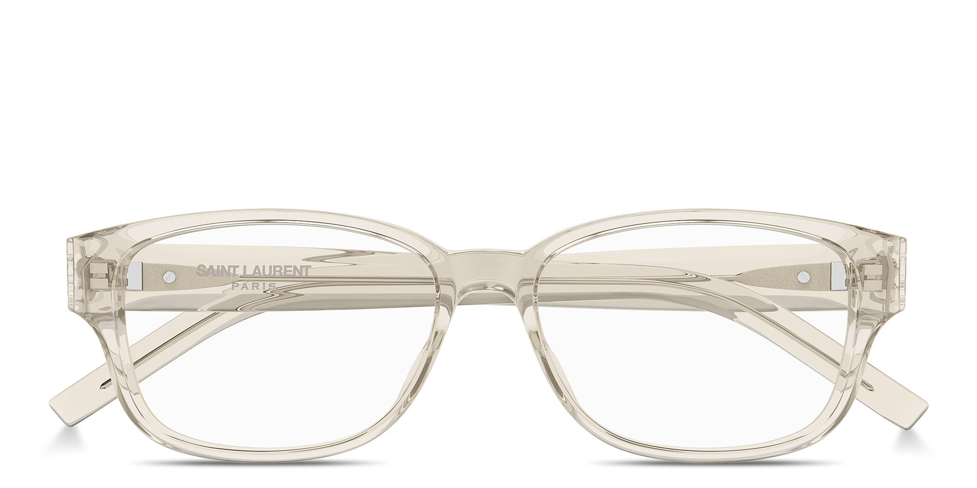 Shop SAINT LAURENT YSL Logo Unisex Rectangle Eyeglasses in Transparent Cream online.
