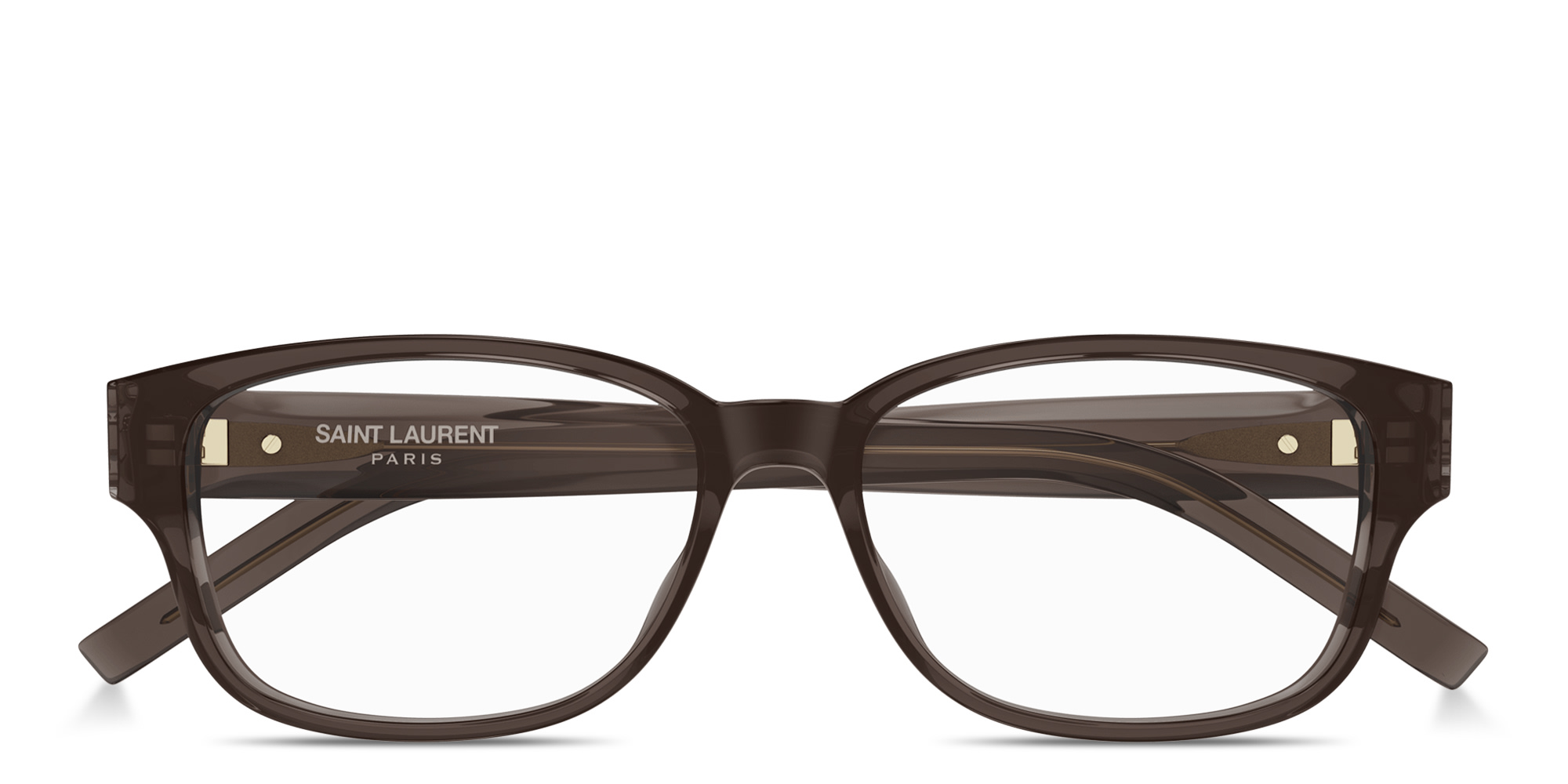 Shop SAINT LAURENT YSL Logo Unisex Rectangle Eyeglasses in Taupe Brown online.