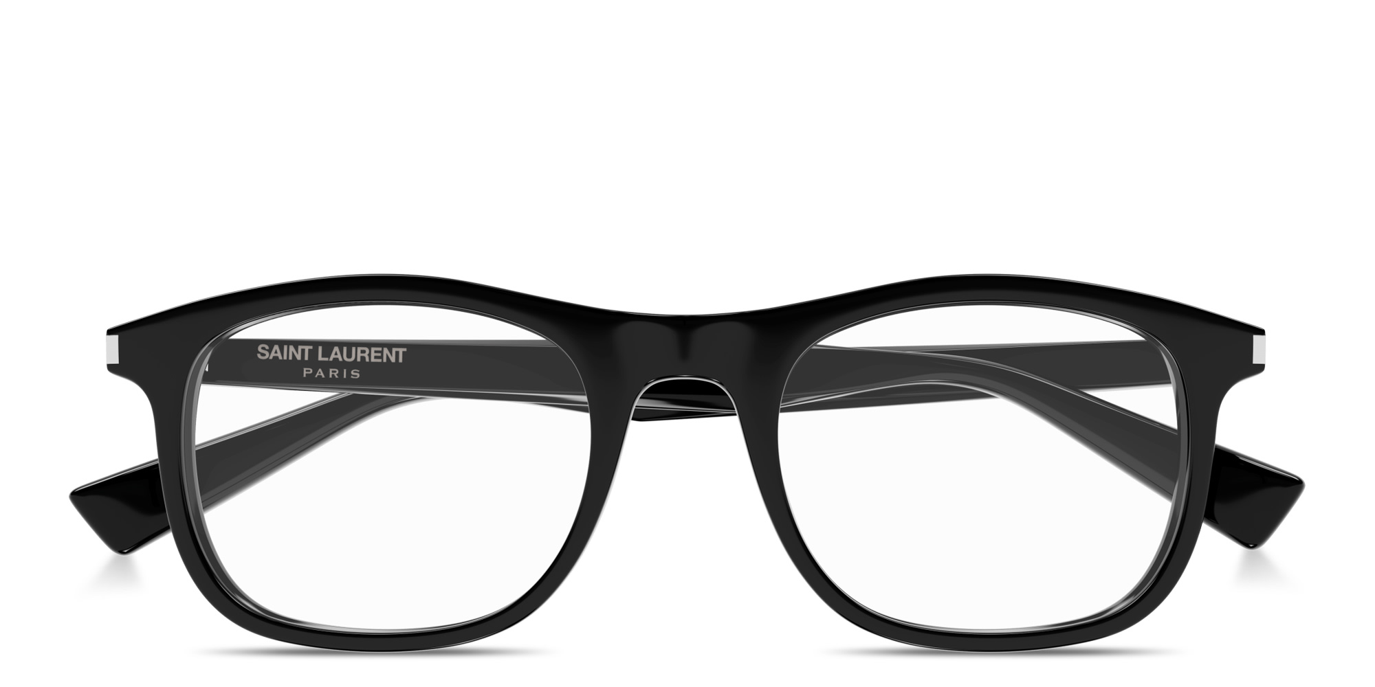 Shop SAINT LAURENT Engraved Logo Unisex Rectangle Eyeglasses in Black online.