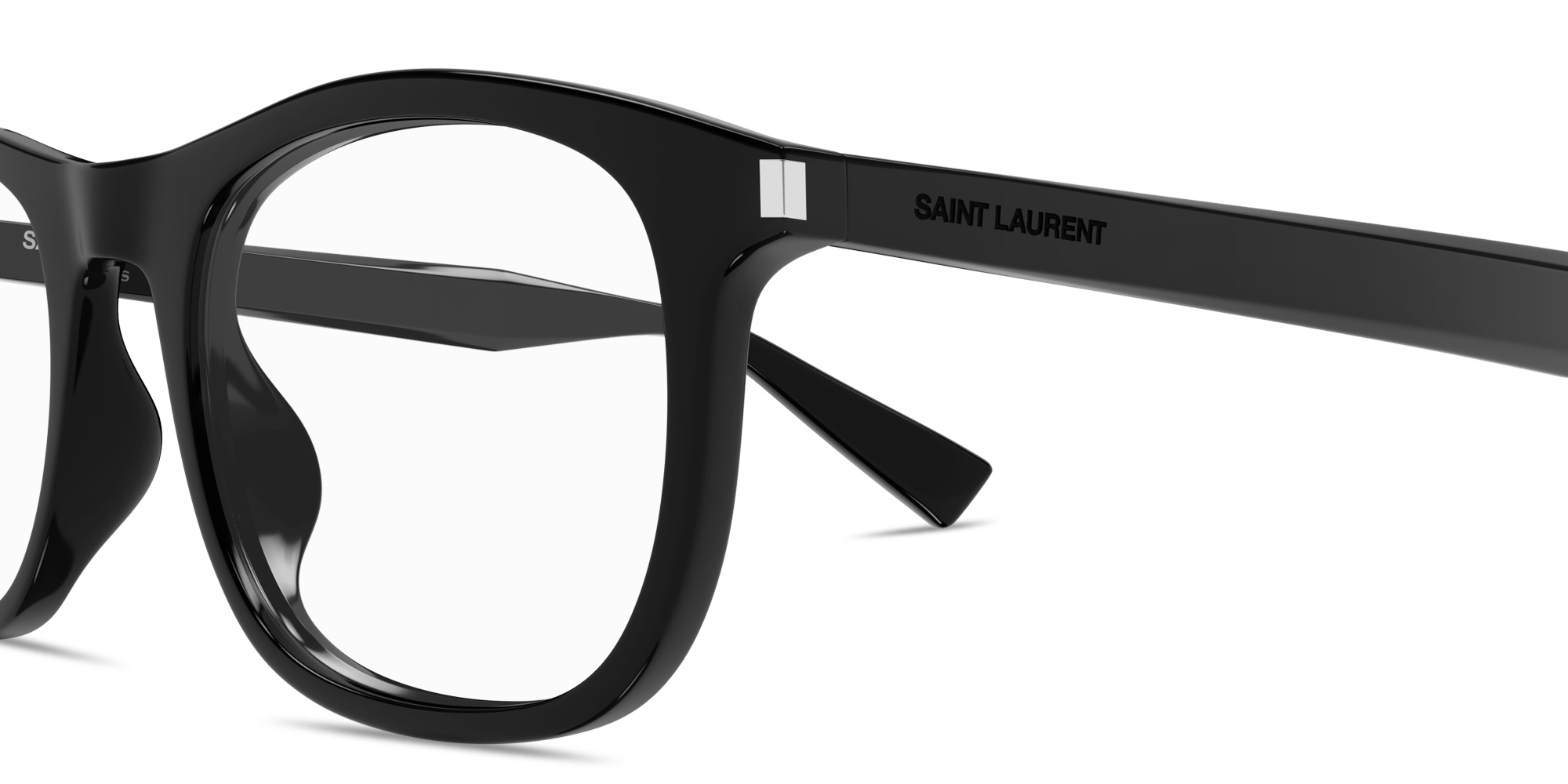 Shop SAINT LAURENT Engraved Logo Unisex Rectangle Eyeglasses in Black online.