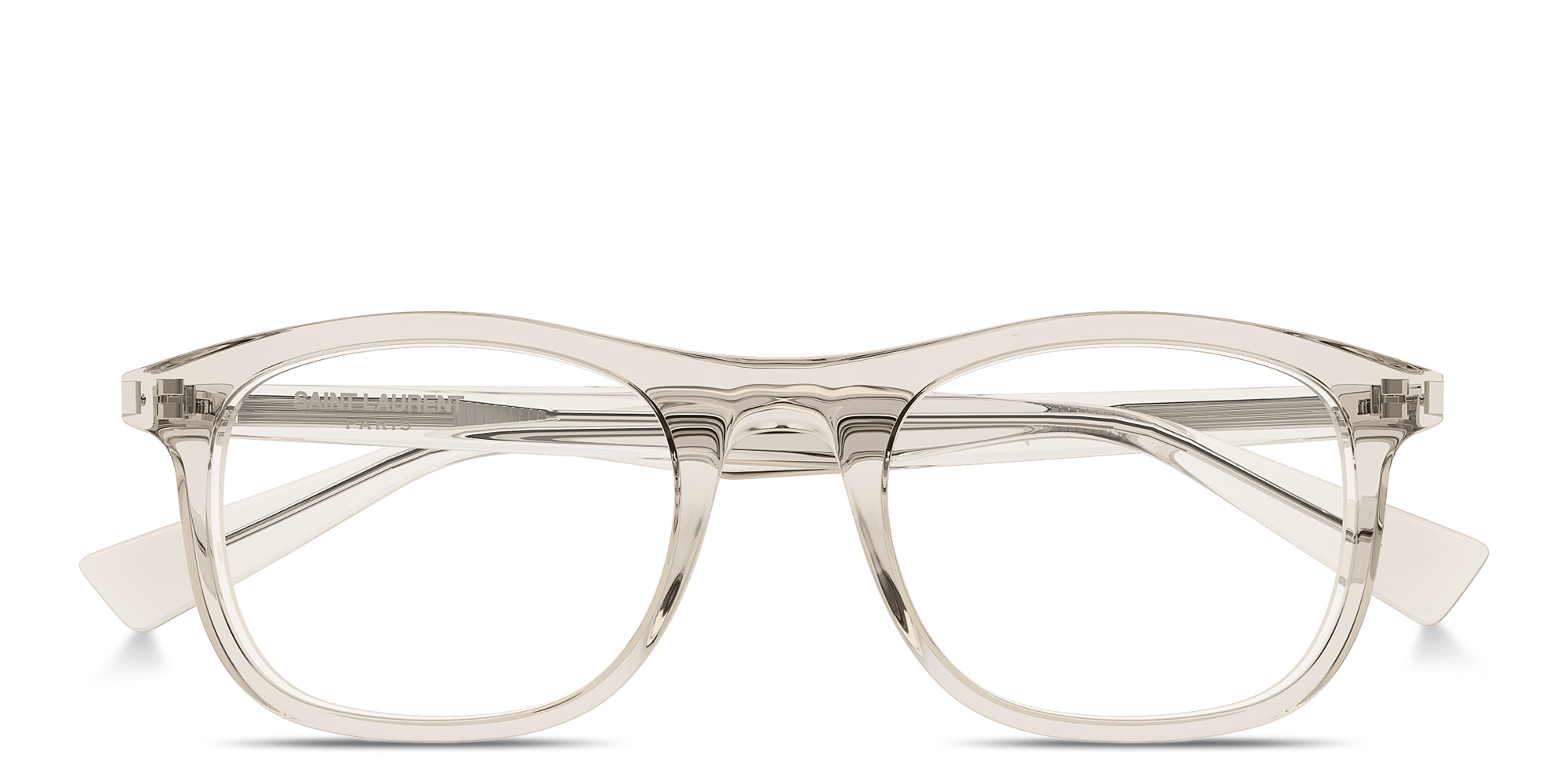 Shop SAINT LAURENT Engraved Logo Unisex Rectangle Eyeglasses in Transparent Cream online.