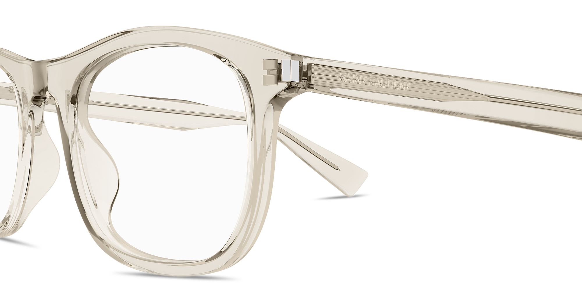 Shop SAINT LAURENT Engraved Logo Unisex Rectangle Eyeglasses in Transparent Cream online.