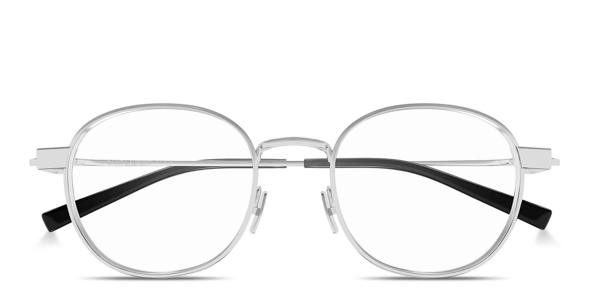 Shop SAINT LAURENT Engraved Logo Unisex Round Eyeglasses in Silver online.