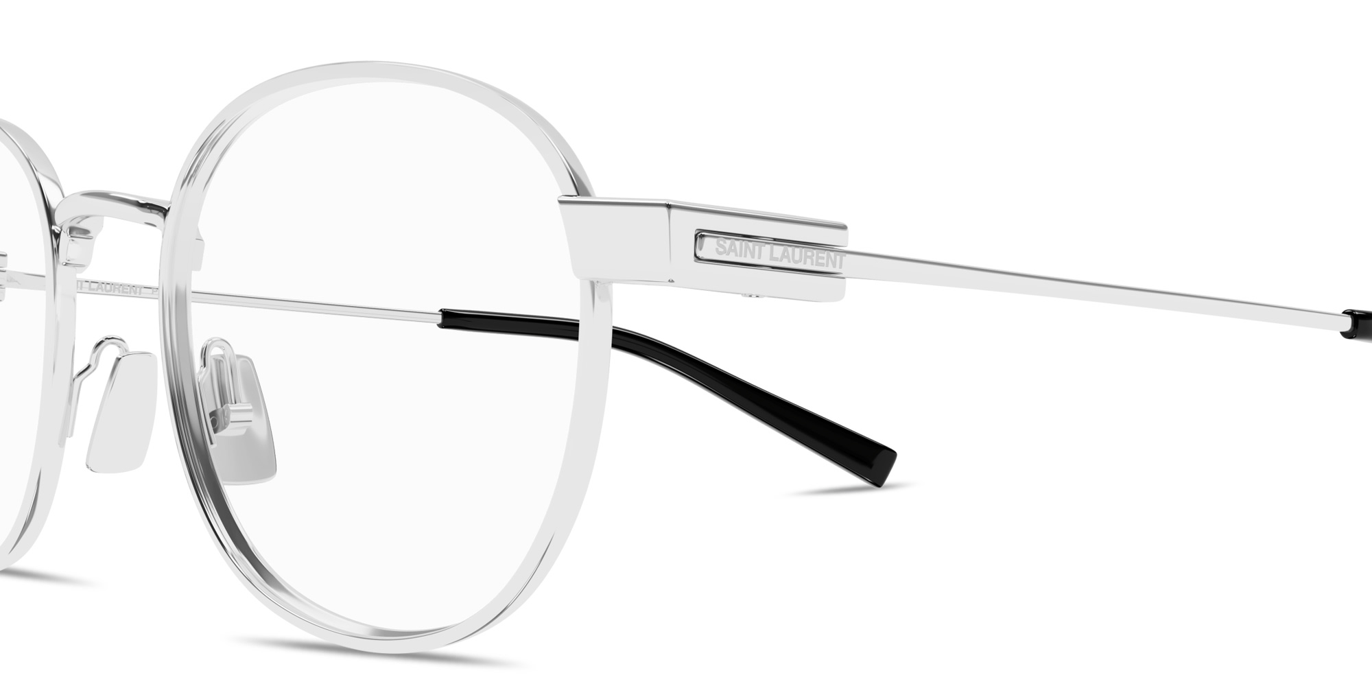Shop SAINT LAURENT Engraved Logo Unisex Round Eyeglasses in Silver online.