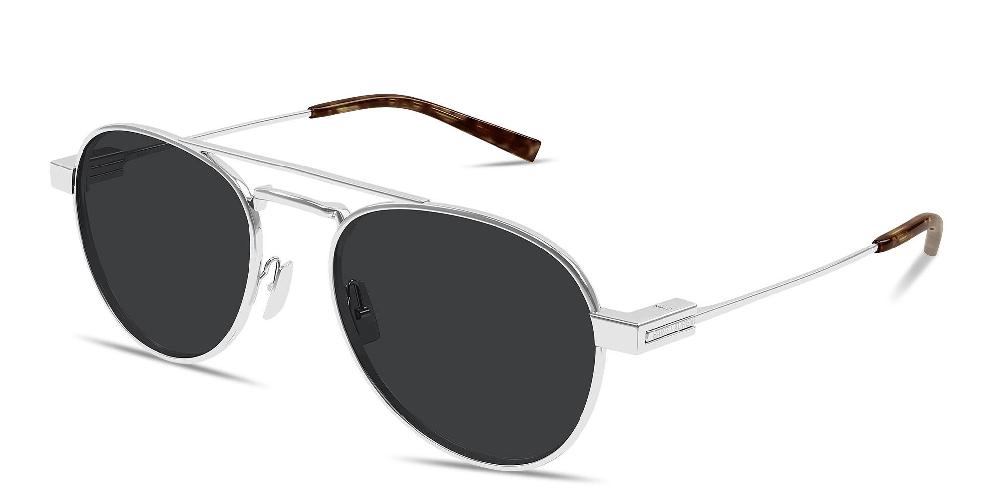 Shop SAINT LAURENT Engraved Logo Pilot Sunglasses in Silver online.