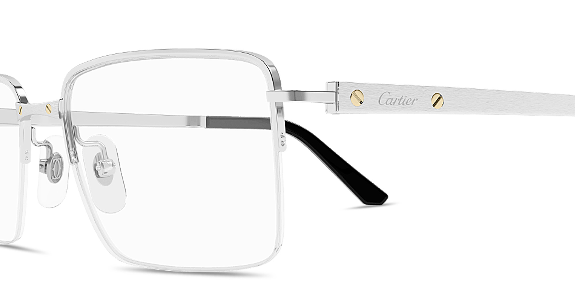 Shop Cartier Santos de Cartier Half-Rim Rectangle Eyeglasses in Silver online.