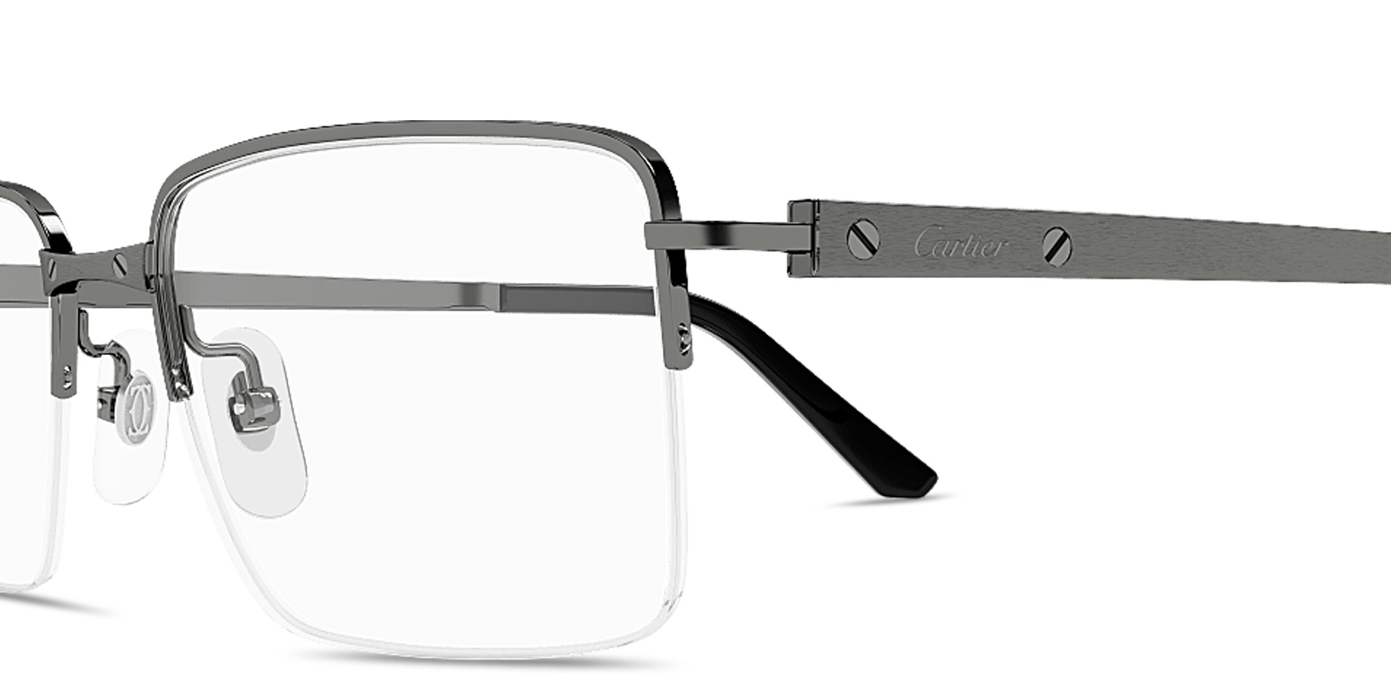 Shop Cartier Santos de Cartier Half-Rim Rectangle Eyeglasses in Ruthenium online.