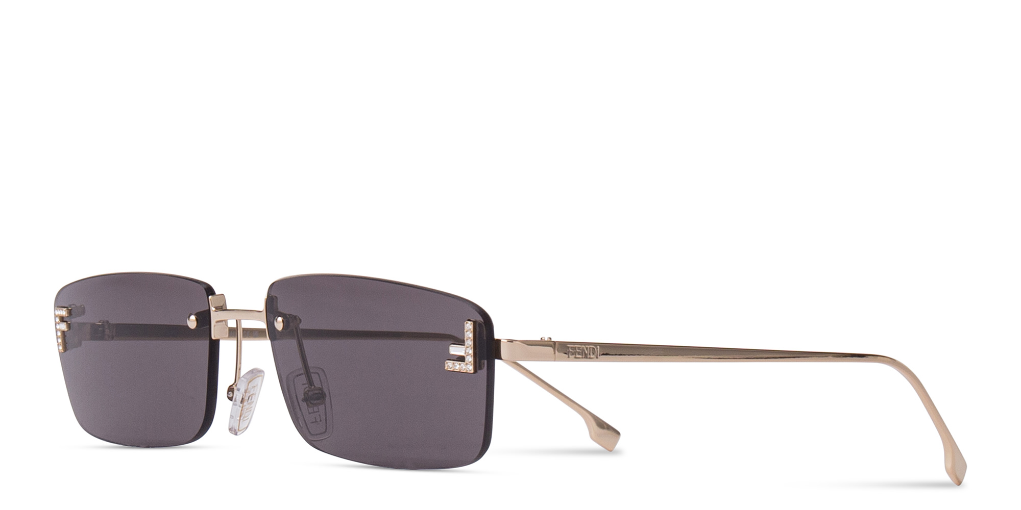 Shop FENDI Fendi First Crystals Rimless Rectangle Sunglasses in Gold online.
