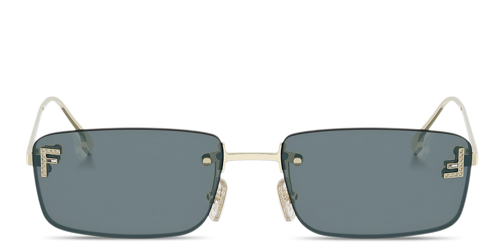 Shop FENDI First Crystal Rimless Rectangle Sunglasses in Light Gold online.