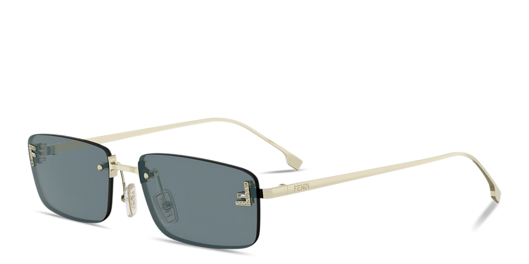 Shop FENDI First Crystal Rimless Rectangle Sunglasses in Light Gold online.