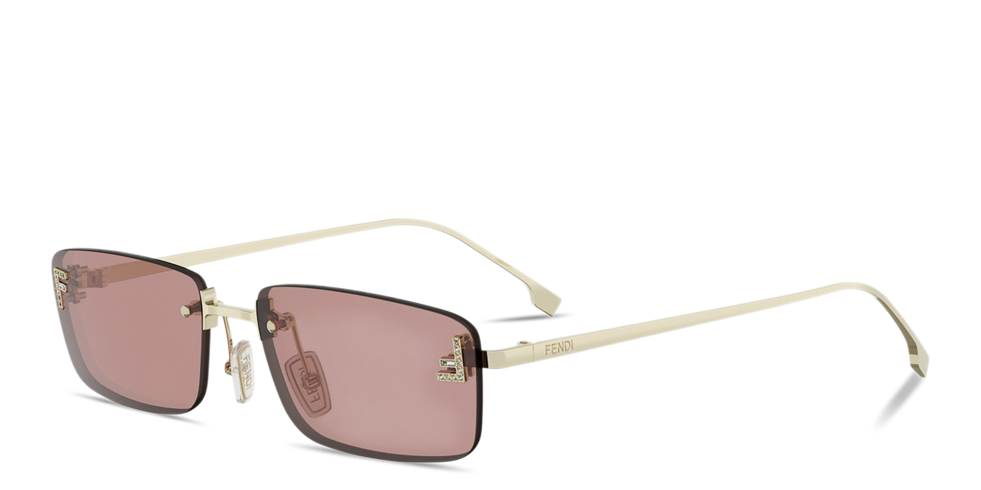 Shop FENDI First Crystal Rimless Rectangle Sunglasses in Light Gold online.