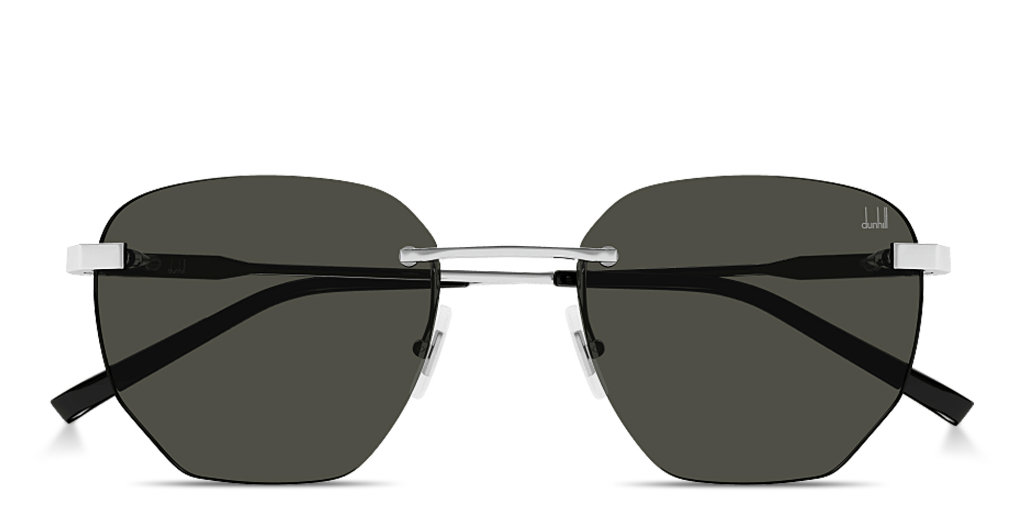 Shop Dunhill Embossed Logo Rimless Irregular Sunglasses in Silver online.