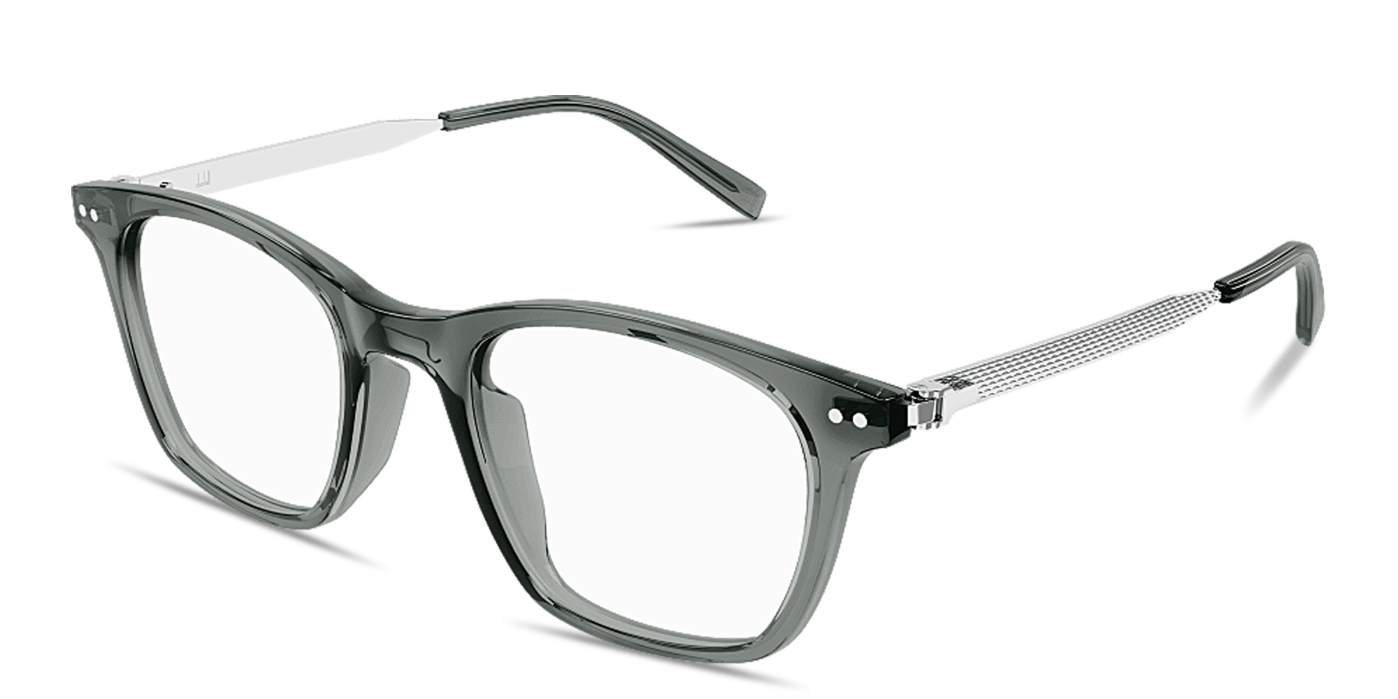Shop Dunhill Heritage Lock Hinge Combi Square Eyeglasses in Transparent Grey online.