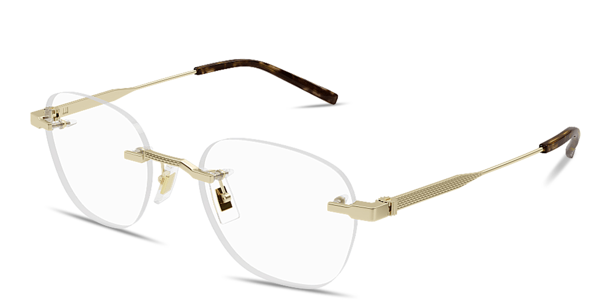 Shop Dunhill Rollagas Titanium Rimless Round Eyeglasses in Gold online.