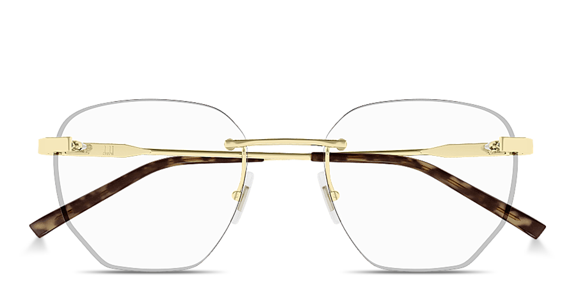 Shop Dunhill Signature Barley Bridge Rimless Irregular Eyeglasses in Gold online.
