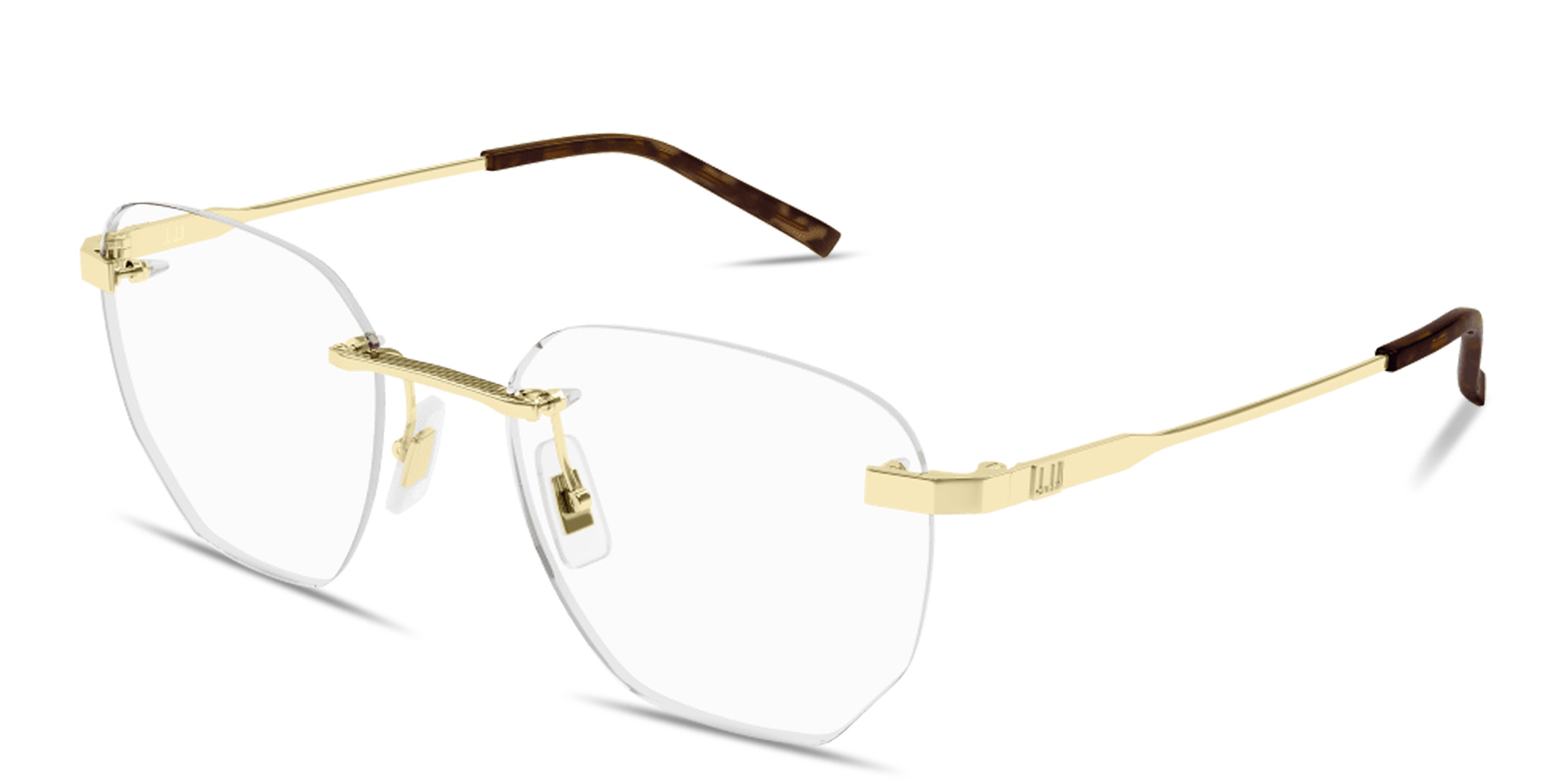Shop Dunhill Signature Barley Bridge Rimless Irregular Eyeglasses in Gold online.