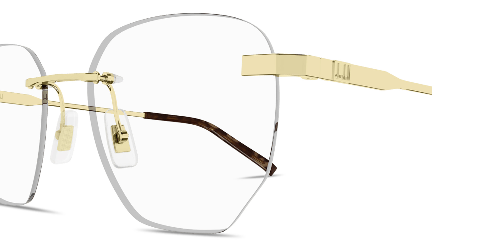 Shop Dunhill Signature Barley Bridge Rimless Irregular Eyeglasses in Gold online.