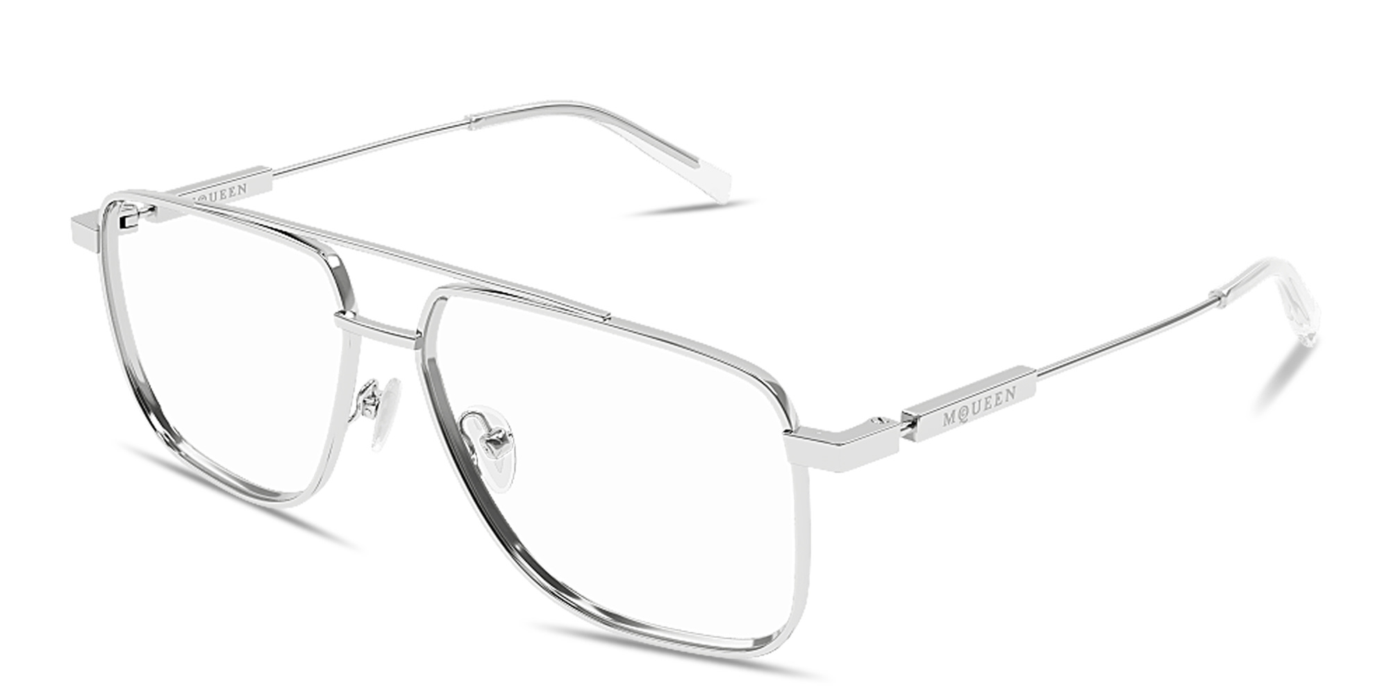 Shop Alexander McQueen Logo Signature Unisex Wide Pilot Eyeglasses in Silver online.