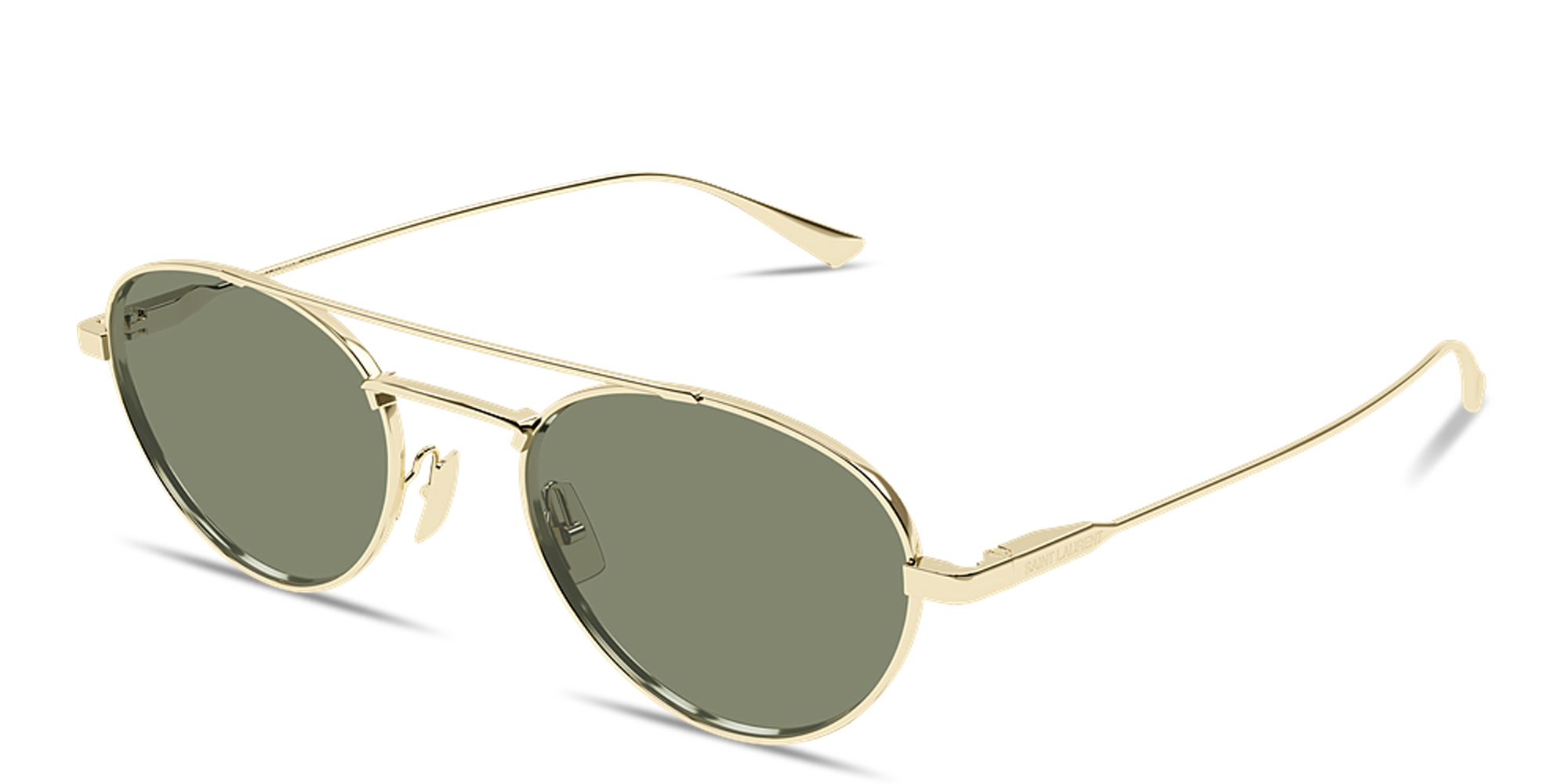 Shop SAINT LAURENT Engraved Logo Round Sunglasses in Gold online.