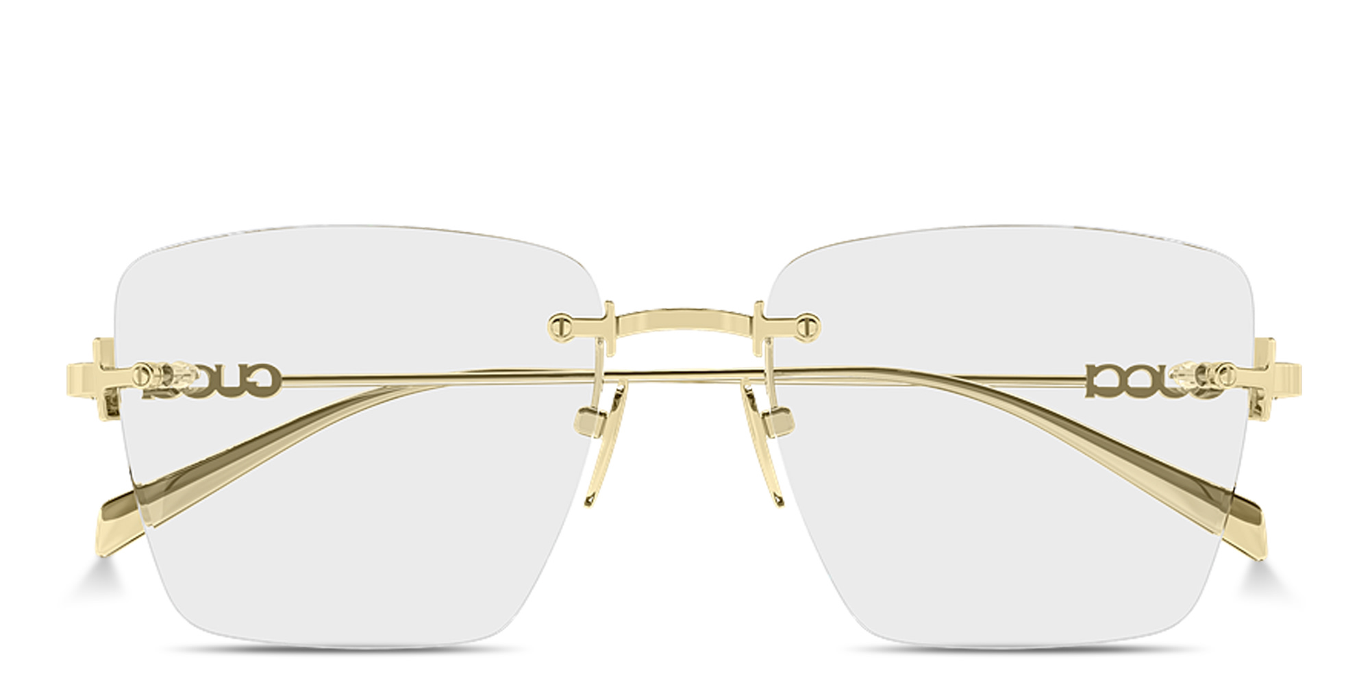 Shop GUCCI Logo Signature Rimless Square Eyeglasses in Gold online.