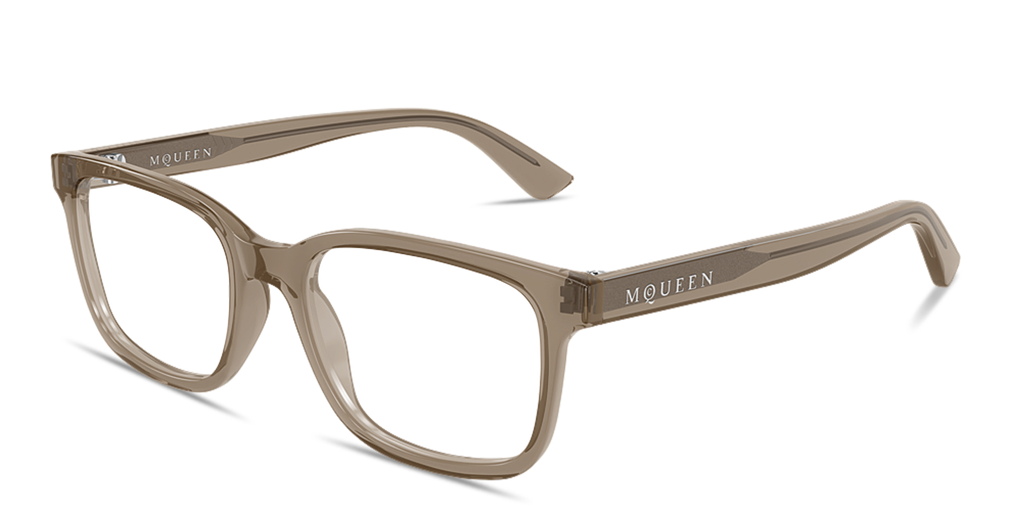 Shop Alexander McQueen Signature Rectangle Eyeglasses in Transparent Brown online.