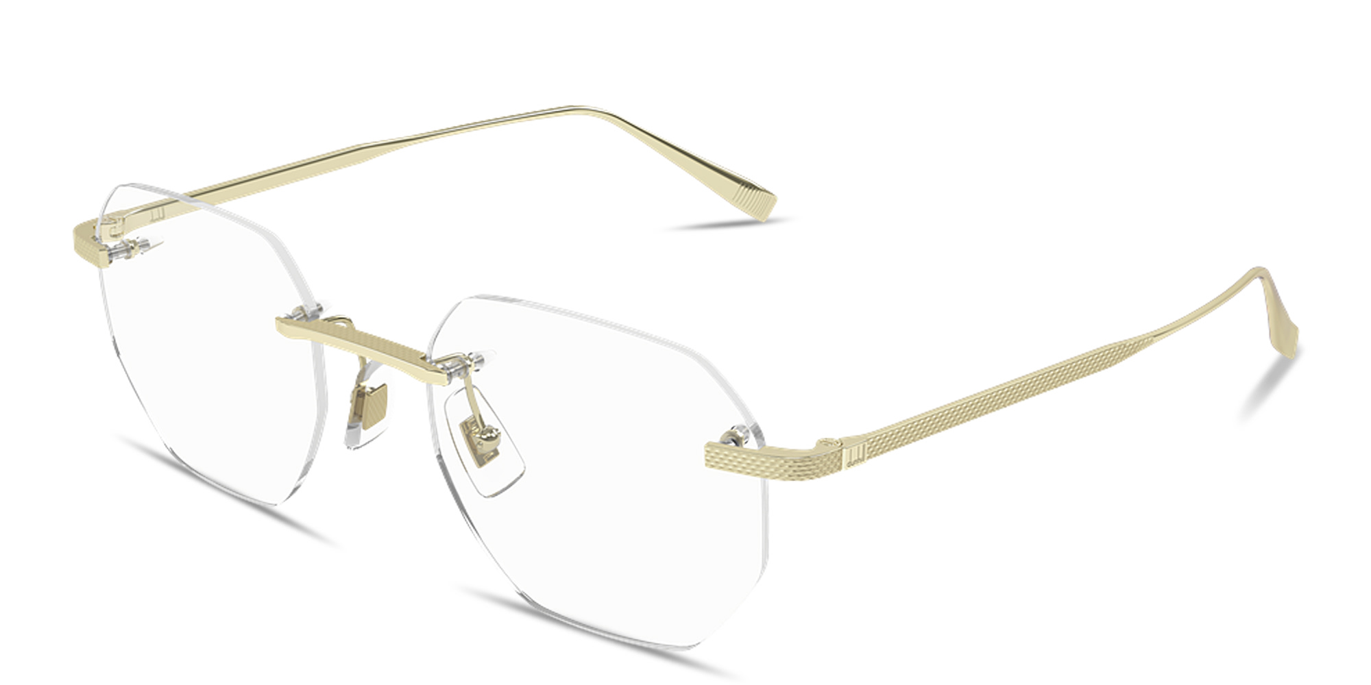 Shop Dunhill Engraved Logo Rimless Irregular Eyeglasses in Gold online.