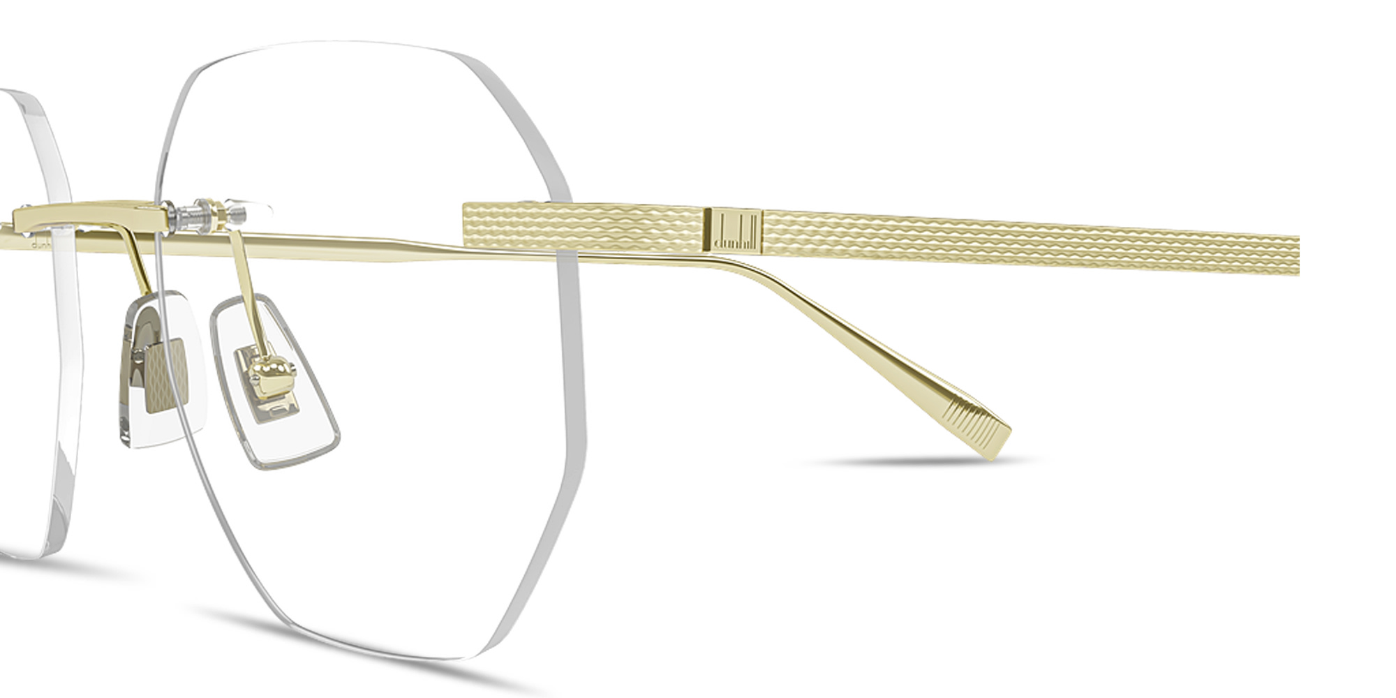 Shop Dunhill Engraved Logo Rimless Irregular Eyeglasses in Gold online.