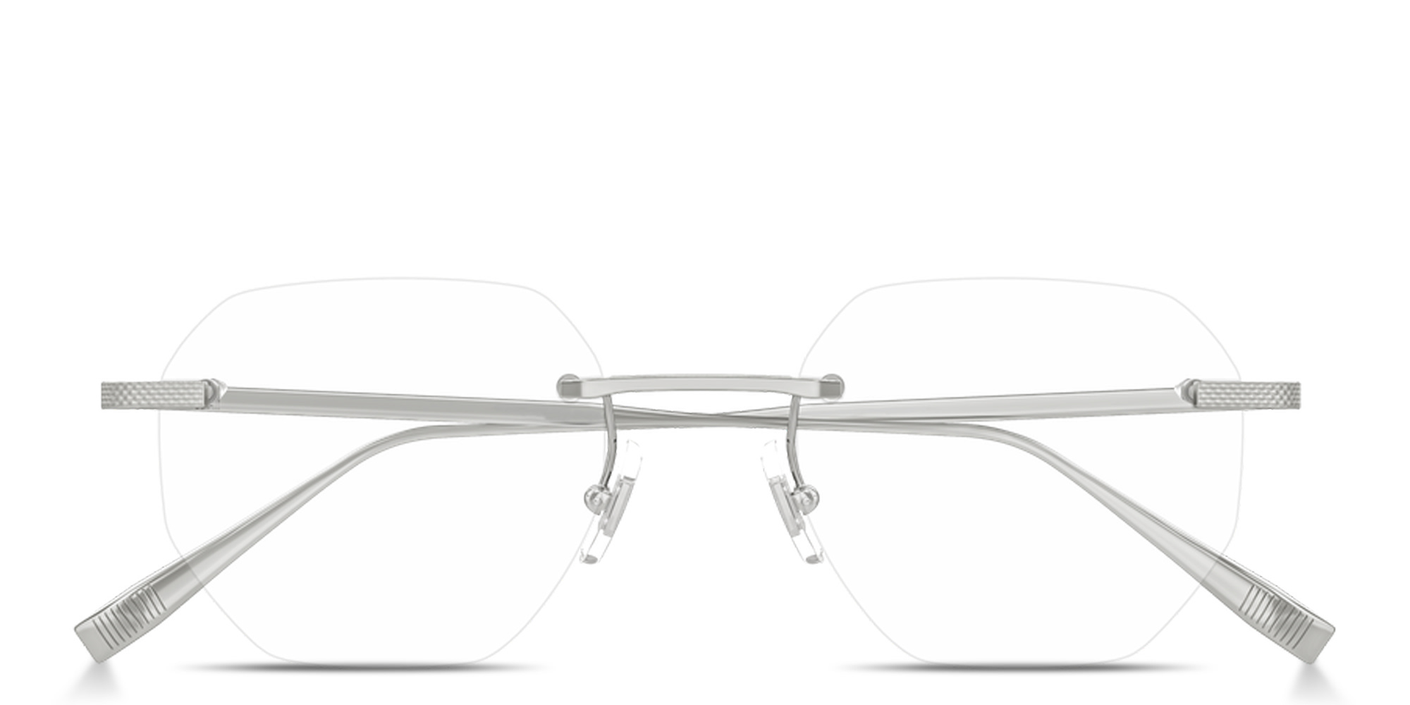 Shop Dunhill Engraved Logo Rimless Irregular Eyeglasses in Silver online.