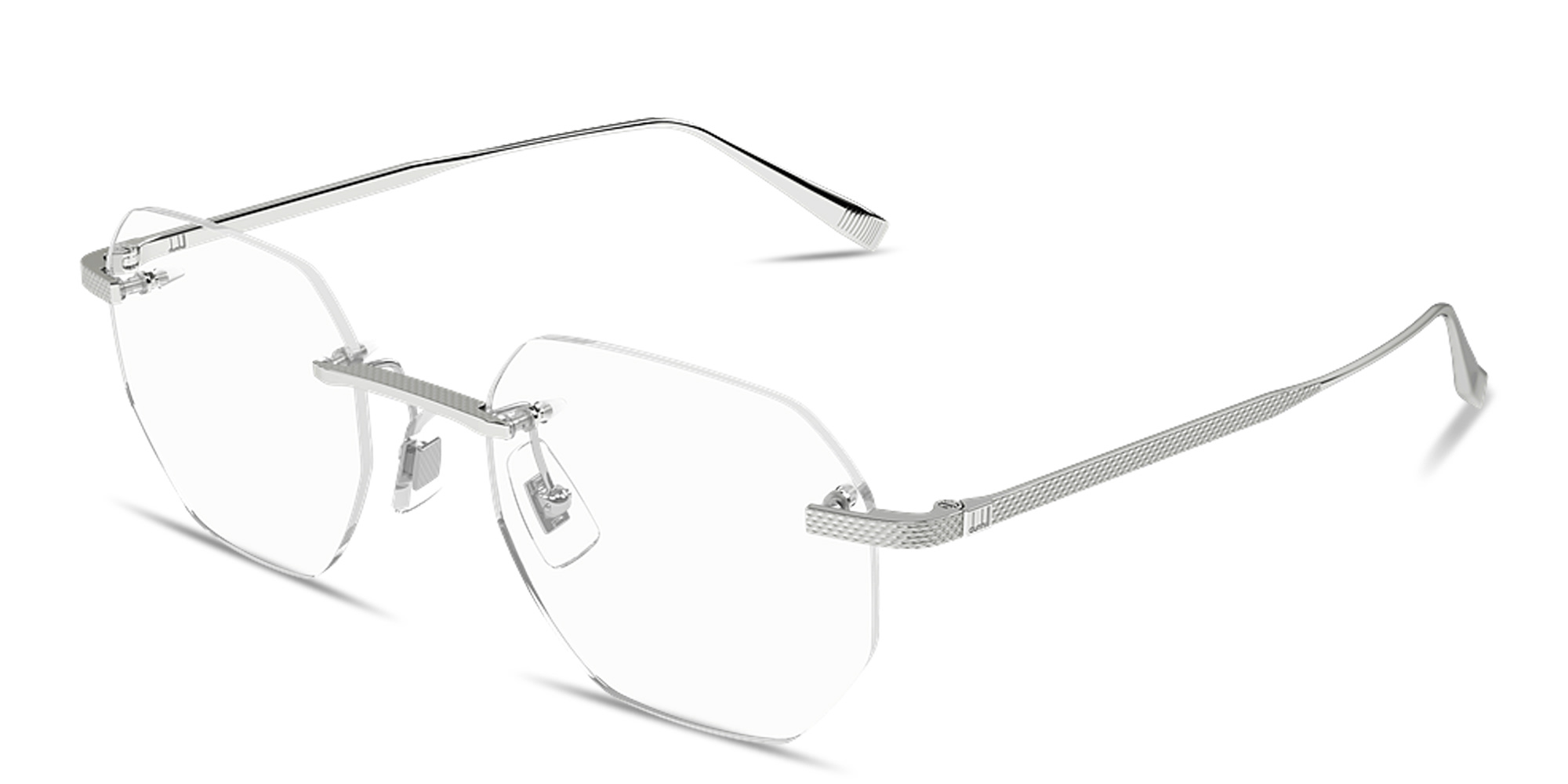 Shop Dunhill Engraved Logo Rimless Irregular Eyeglasses in Silver online.