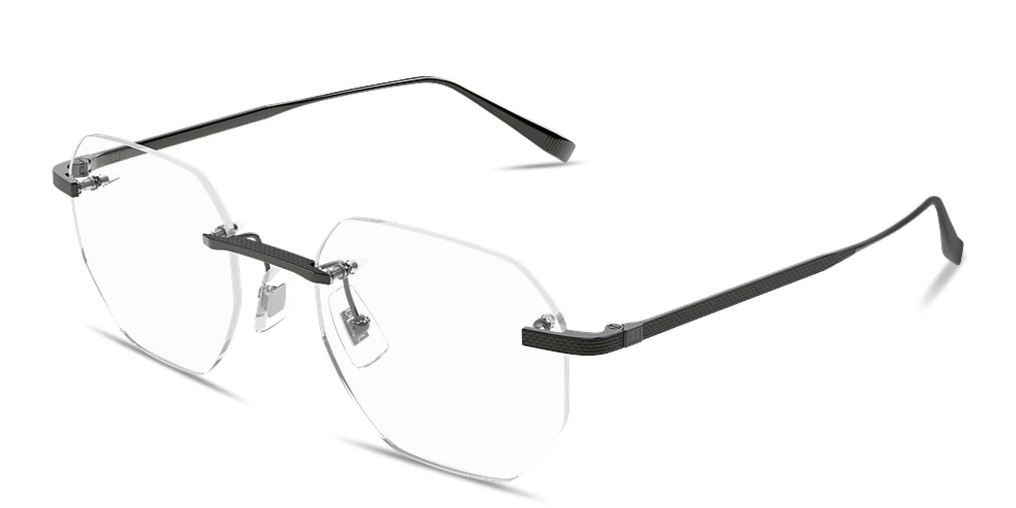 Shop Dunhill Engraved Logo Rimless Irregular Eyeglasses in Ruthenium online.