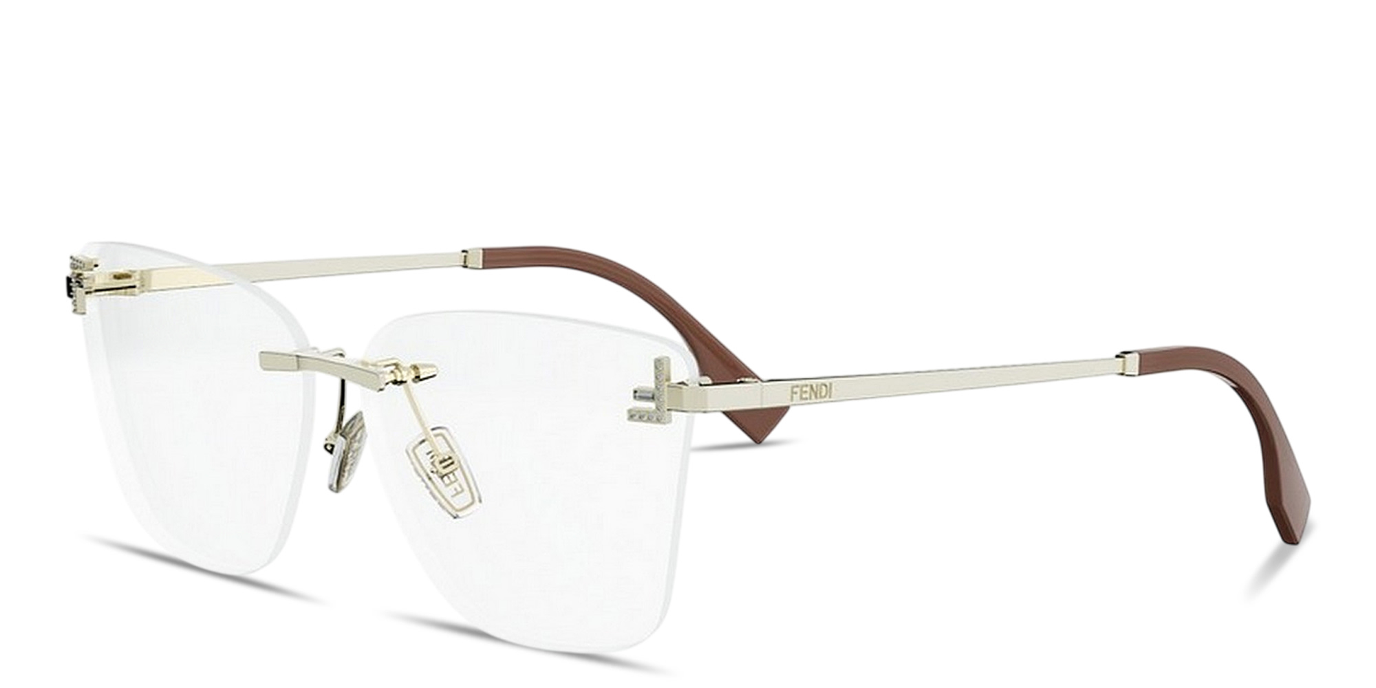 Shop FENDI First Crystal Wide Rimless Square Eyeglasses in Light Gold online.