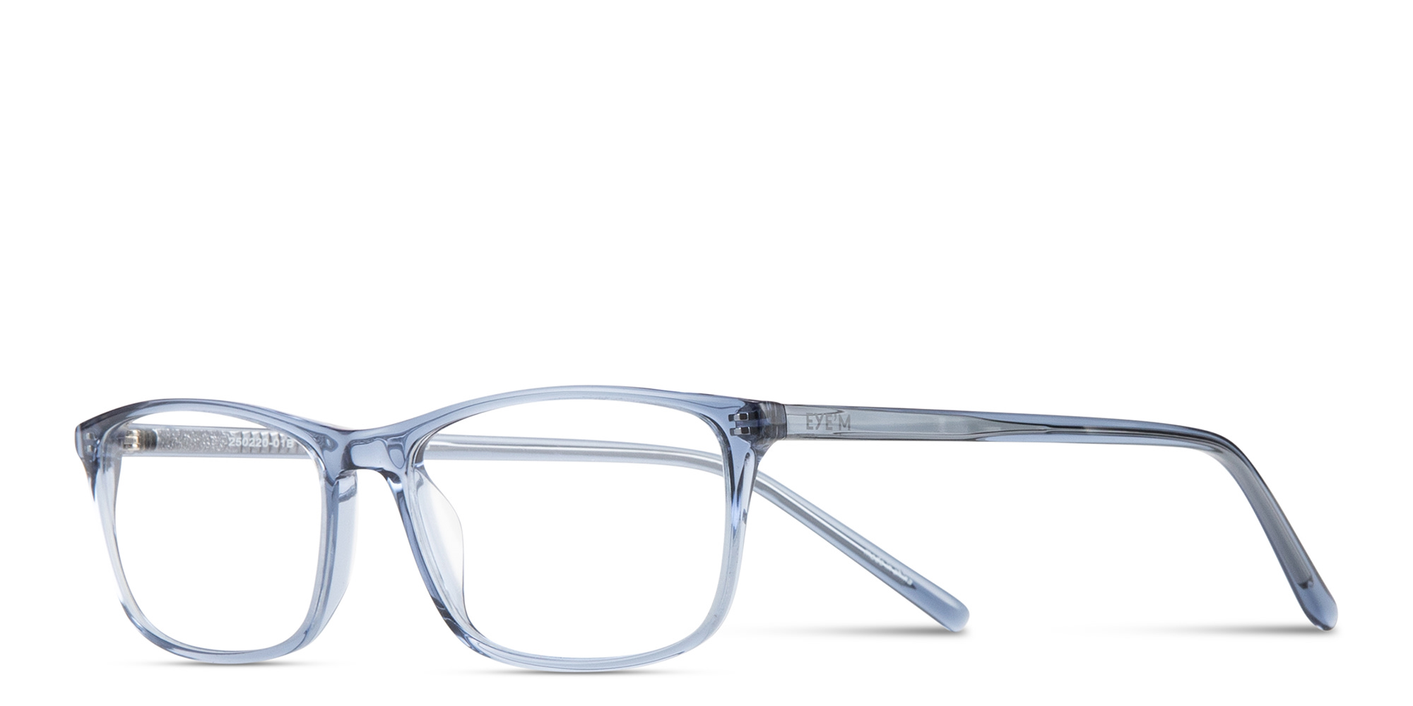 Shop EYE'M Logo Signature Wide Rectangle Eyeglasses in Transparent Blue online.