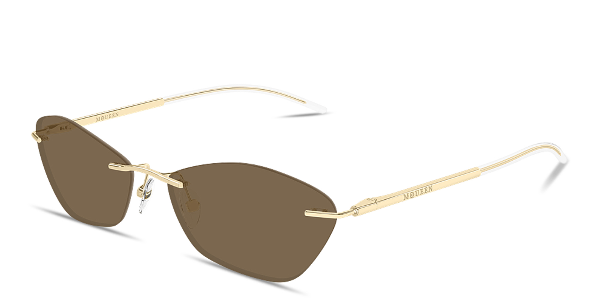 Shop Alexander McQueen T-Bar Slim Unisex Rimless Irregular Sunglasses in Gold online.
