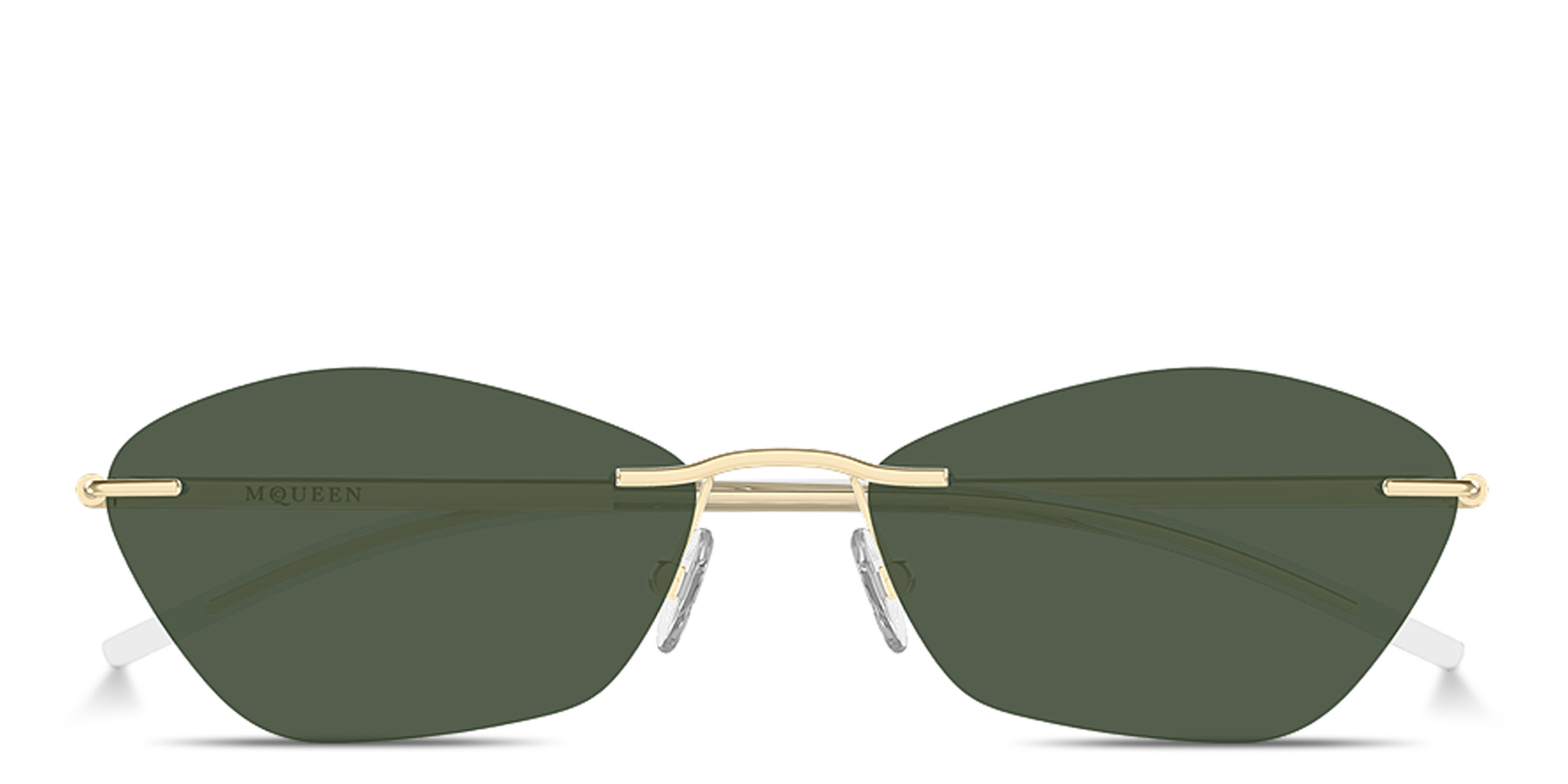 Shop Alexander McQueen T-Bar Slim Unisex Rimless Irregular Sunglasses in Gold online.