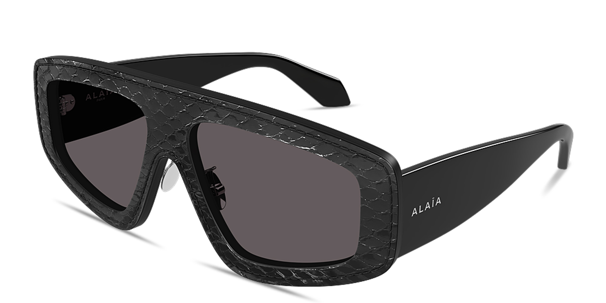 Shop ALAIA Absolu Leather Wide Mask Sunglasses in Black online.