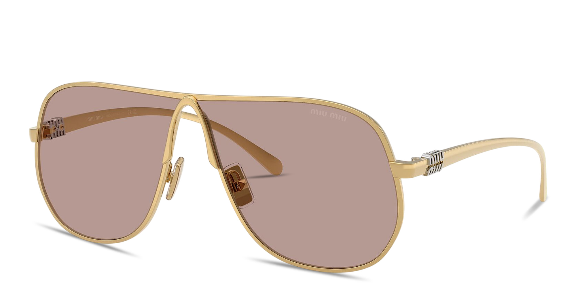 Shop MIU MIU Vertical Logo Wide Aviator Sunglasses in Gold online.