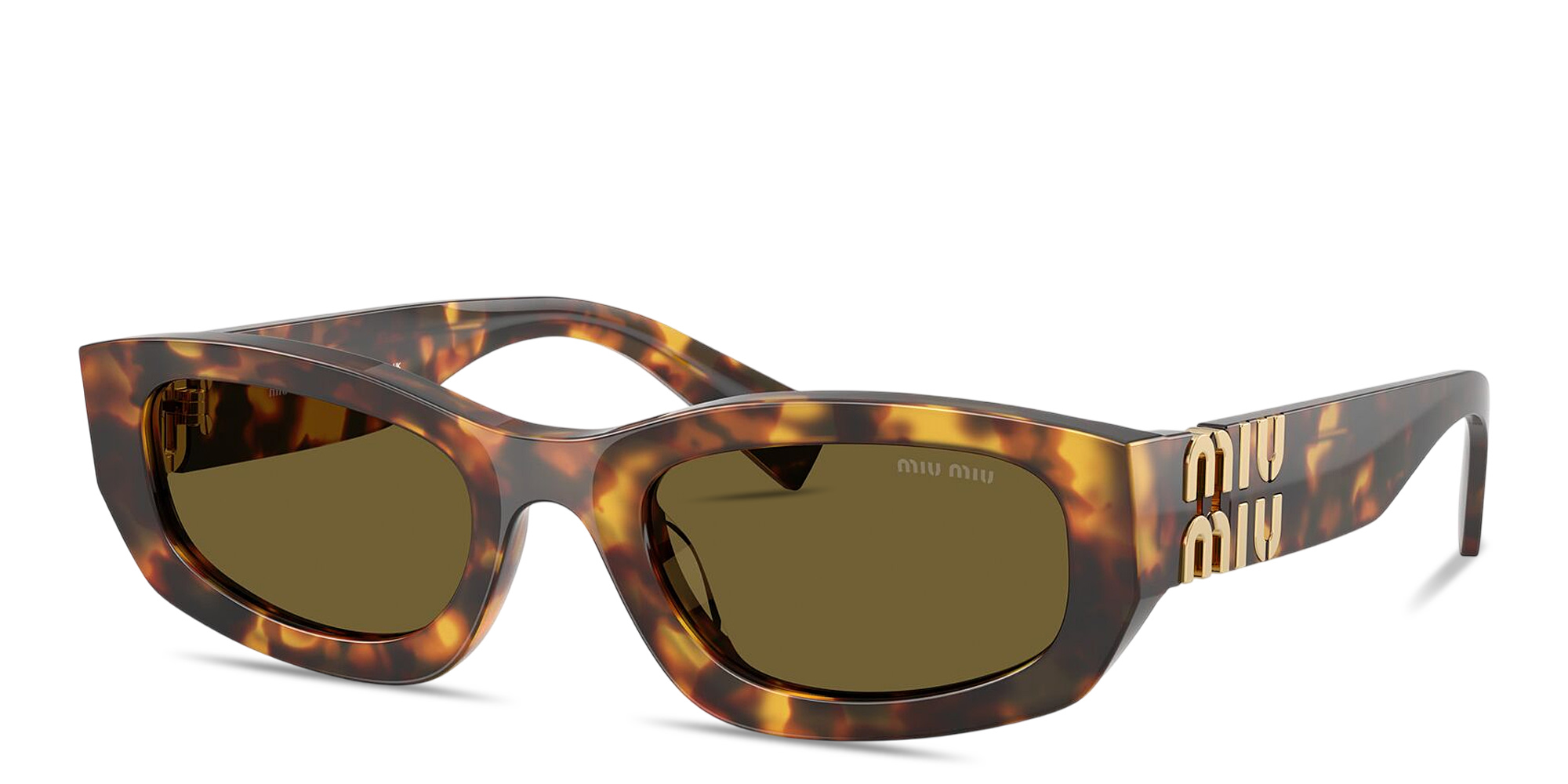 Shop MIU MIU Vertical Logo Irregular Sunglasses in Honey Havana online.