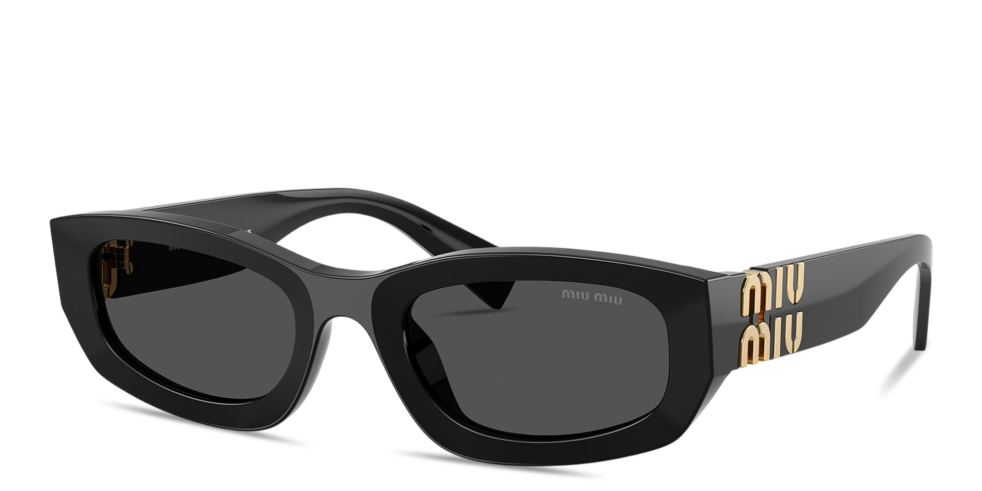 Shop MIU MIU Vertical Logo Irregular Sunglasses in Black online.