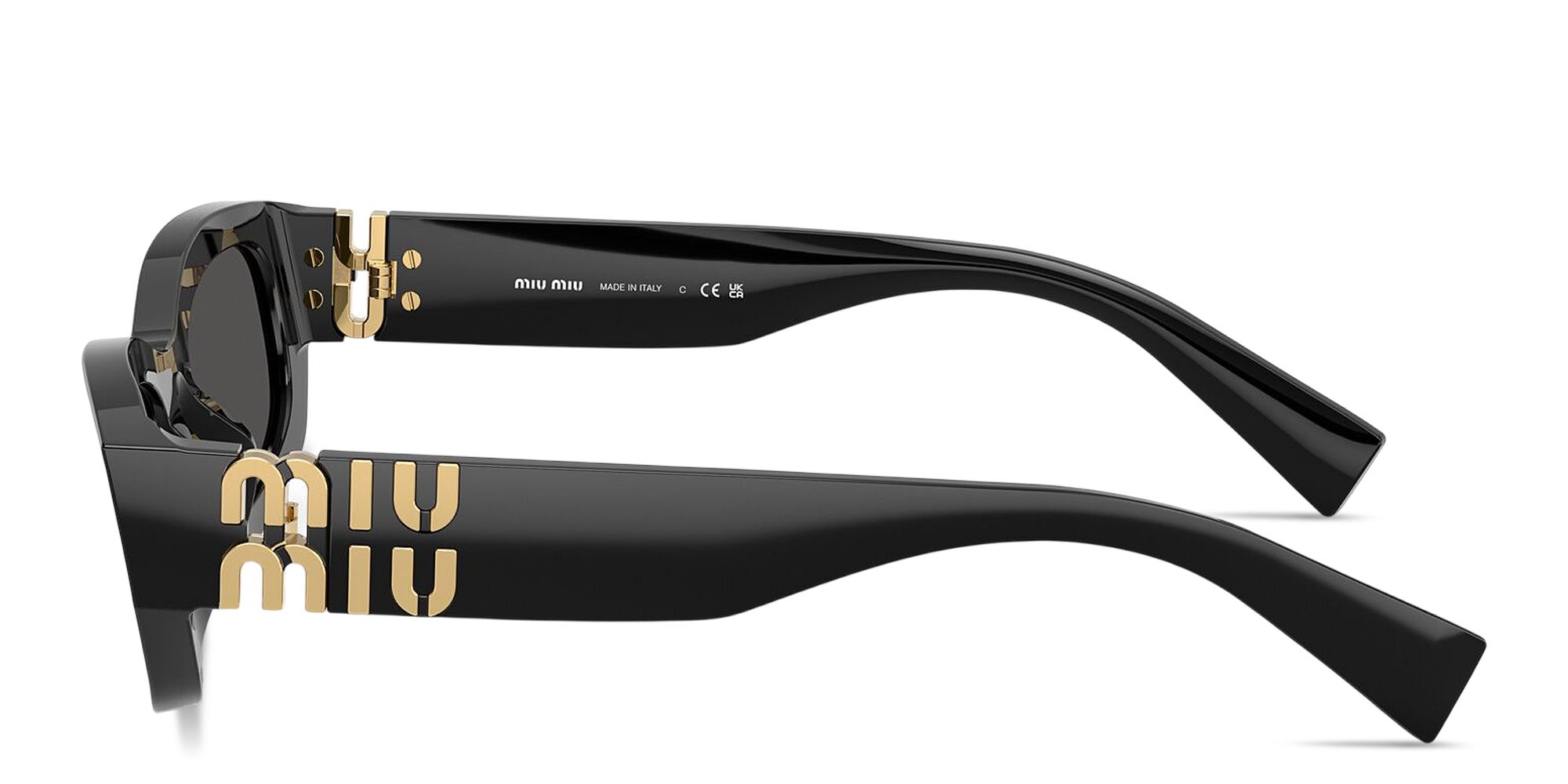 Shop MIU MIU Vertical Logo Irregular Sunglasses in Black online.