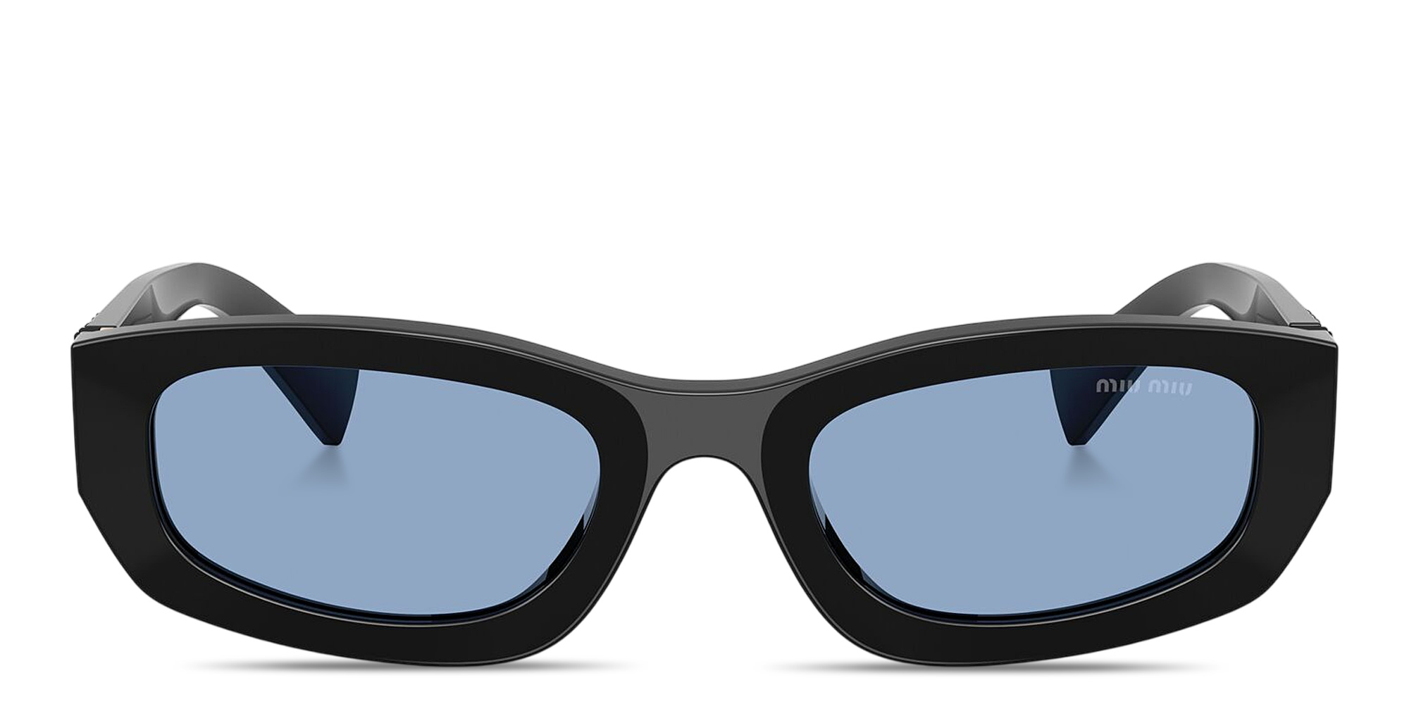 Shop MIU MIU Vertical Logo Irregular Sunglasses in Black online.