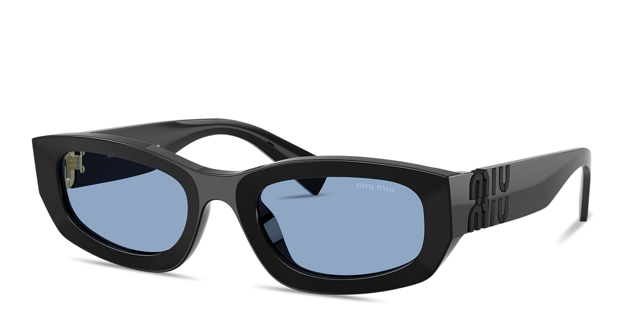 Shop MIU MIU Vertical Logo Irregular Sunglasses in Black online.