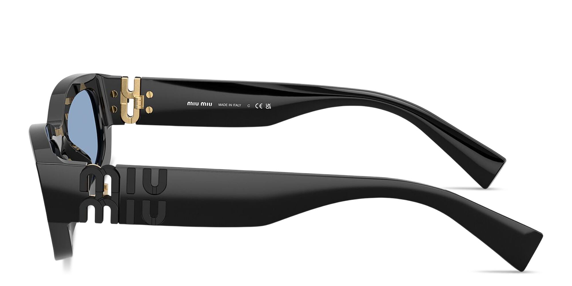 Shop MIU MIU Vertical Logo Irregular Sunglasses in Black online.