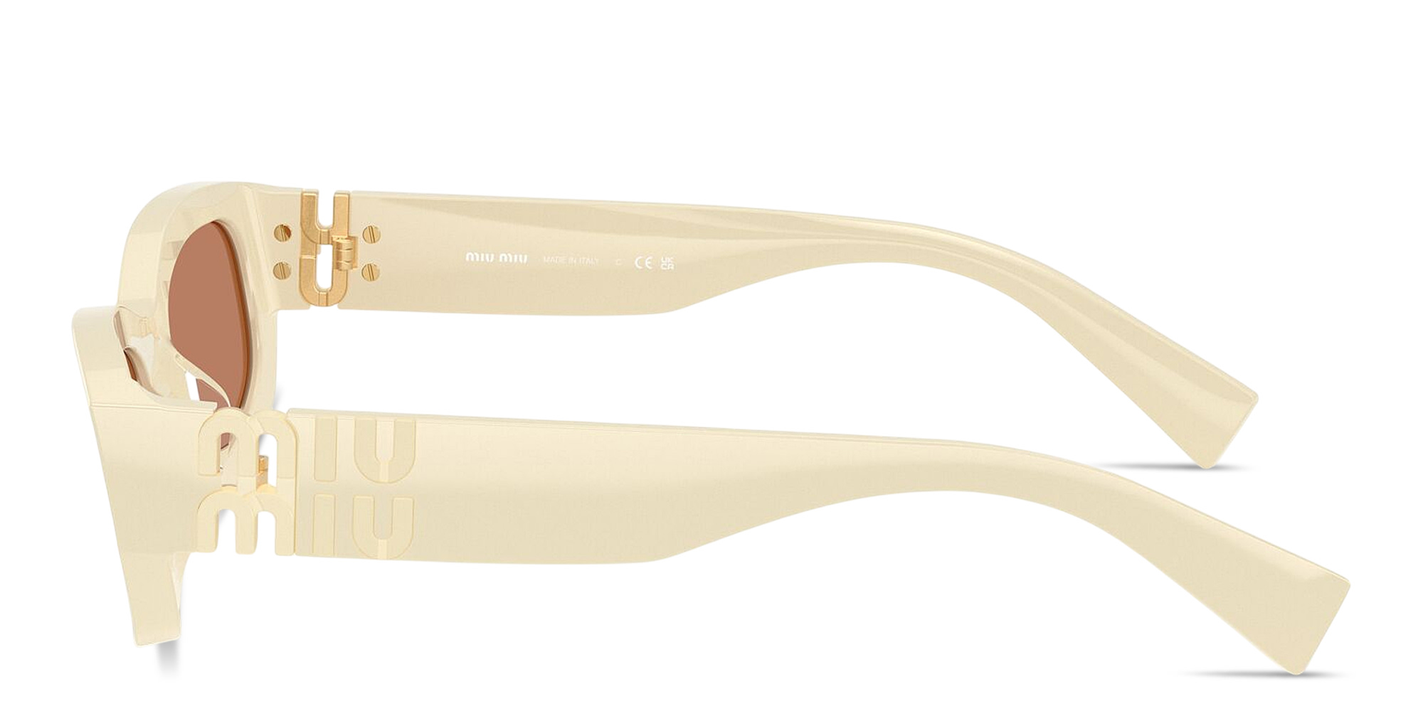 Shop MIU MIU Vertical Logo Irregular Sunglasses in White online.