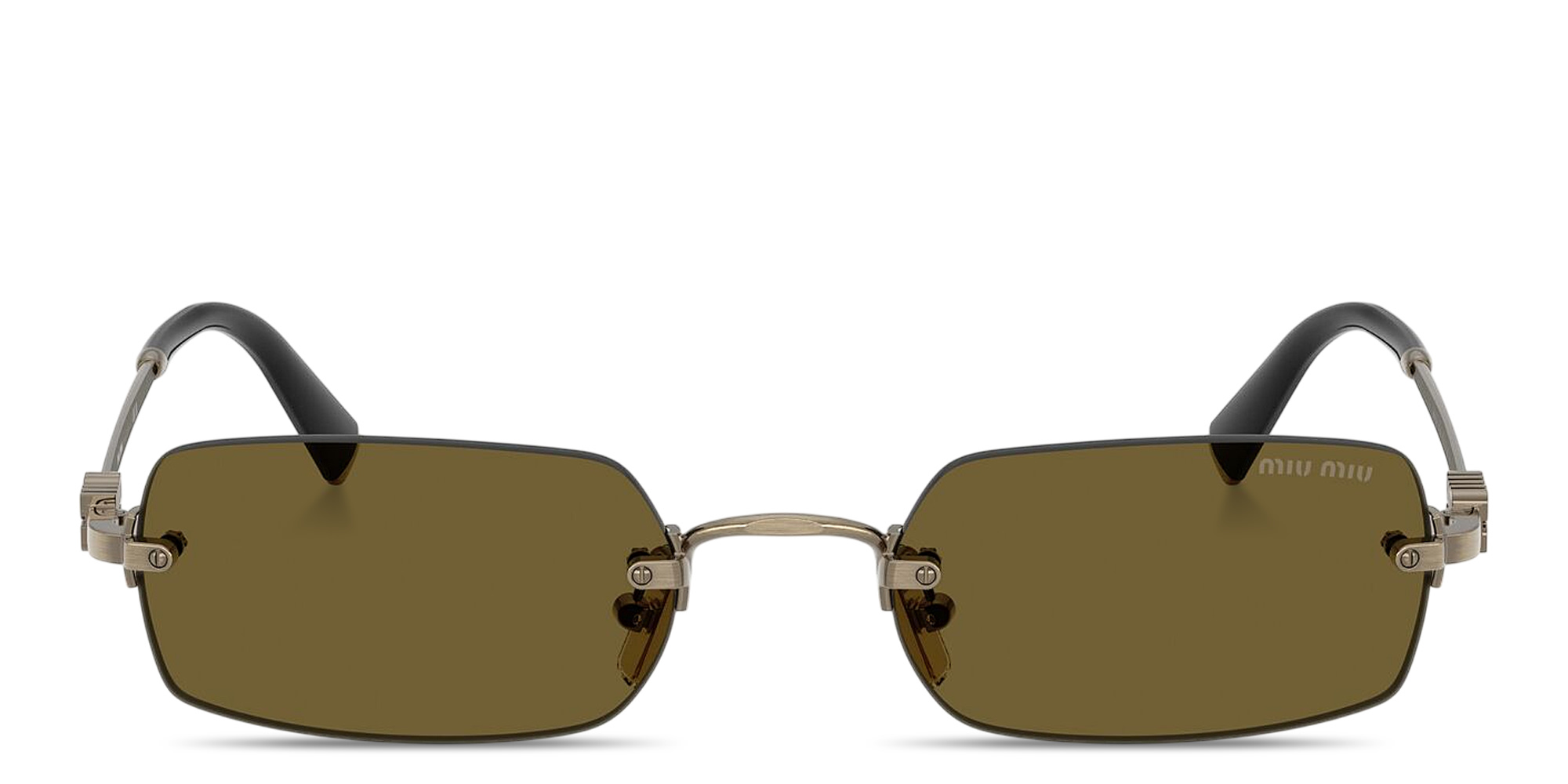 Shop MIU MIU Vertical Logo Rimless Rectangle Sunglasses in Old Gold online.