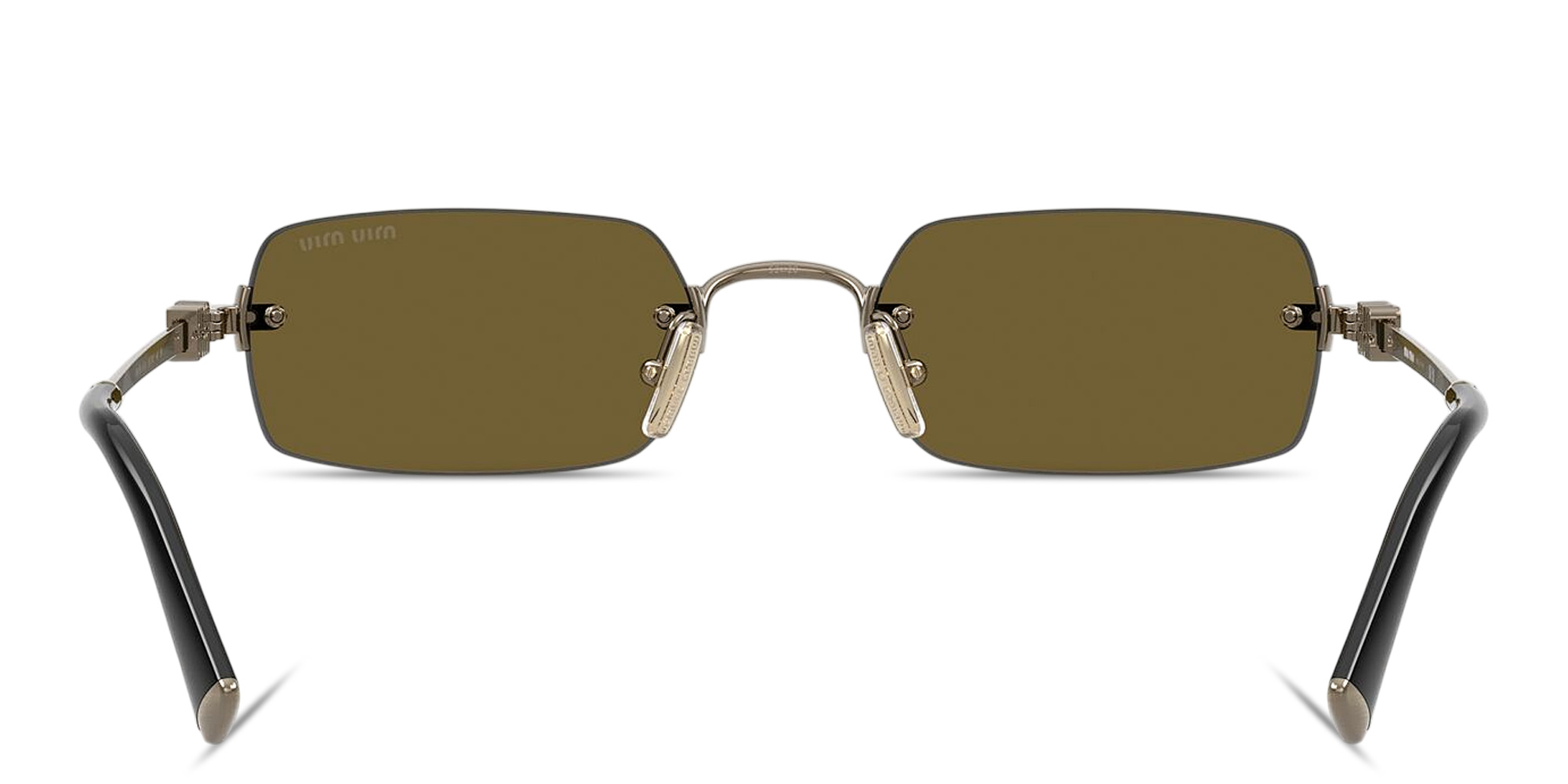 Shop MIU MIU Vertical Logo Rimless Rectangle Sunglasses in Old Gold online.