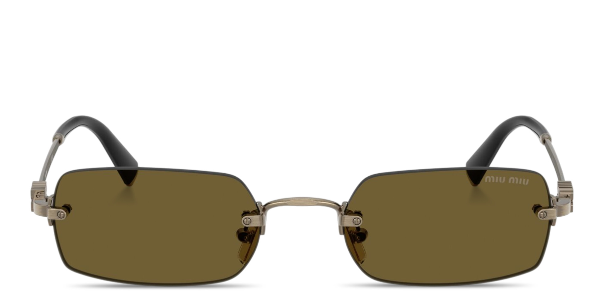 Shop MIU MIU Vertical Logo Rimless Rectangle Sunglasses in Gold online.